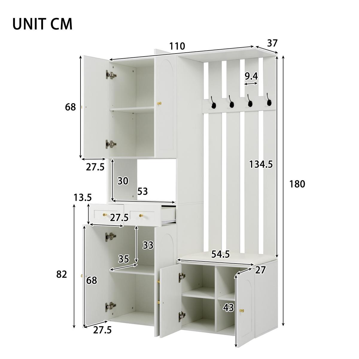 KLEIDERSCHRANK Wandgarderobe mit Schuhbank, 4 Haken, 6 Türen, 2 Schubladen, Weiß - Weiß, Holzwerkstoff (110/180/37cm) - Urban Meuble