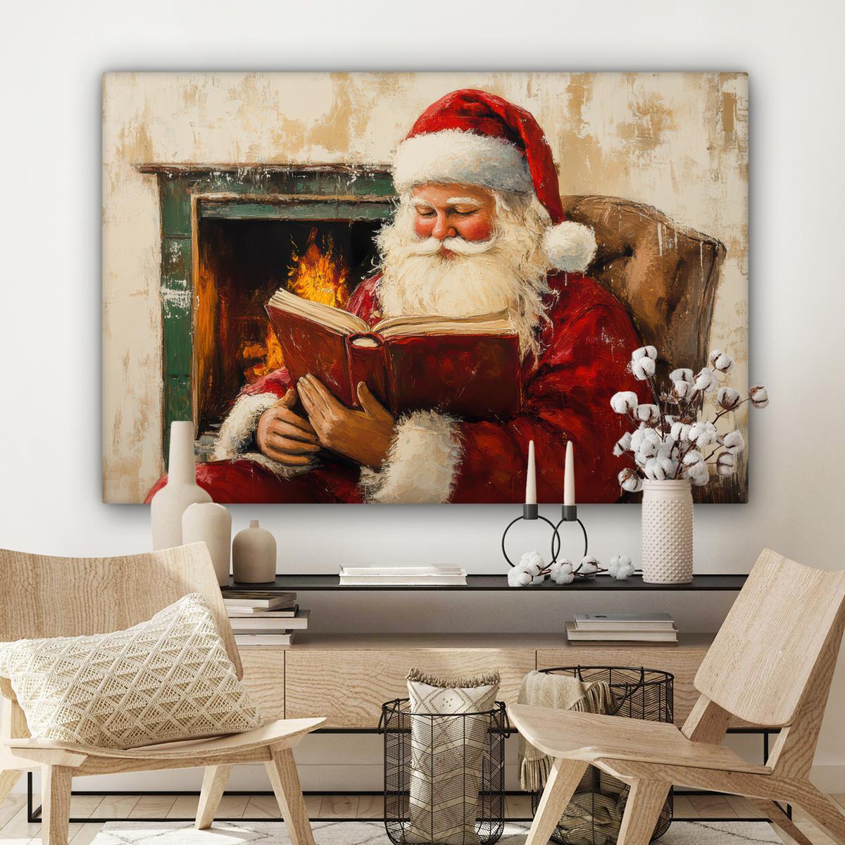 LEINWANDBILD Weihnachten - Weihnachtsmann - Winter - Open Fireside Wohnzimmer Groß 120x80 cm - Dunkelrot, Textil (120/80cm) - MuchoWow