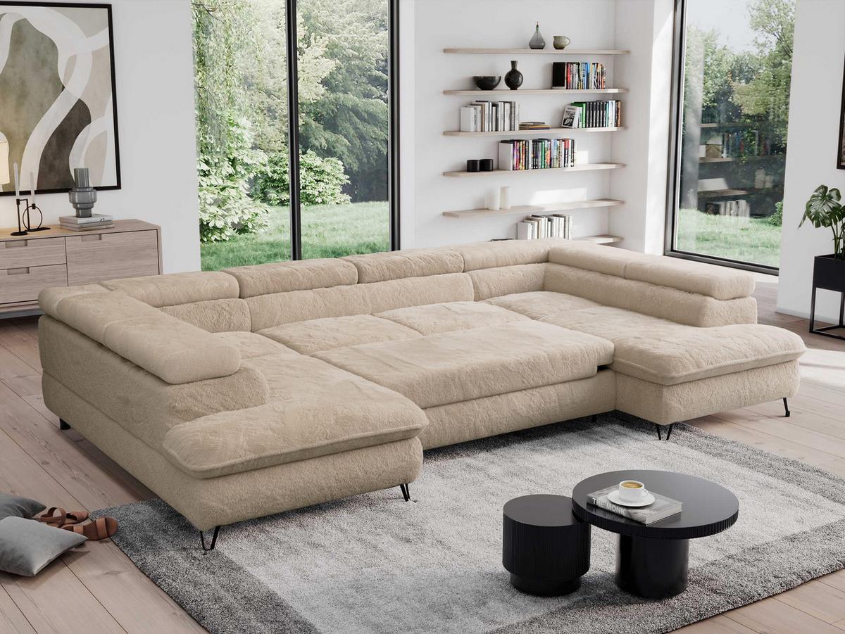 WOHNLANDSCHAFT PEDRO U Plüsch Beige - Beige/Schwarz, Textil/Metall (346/76/208cm) - MKS