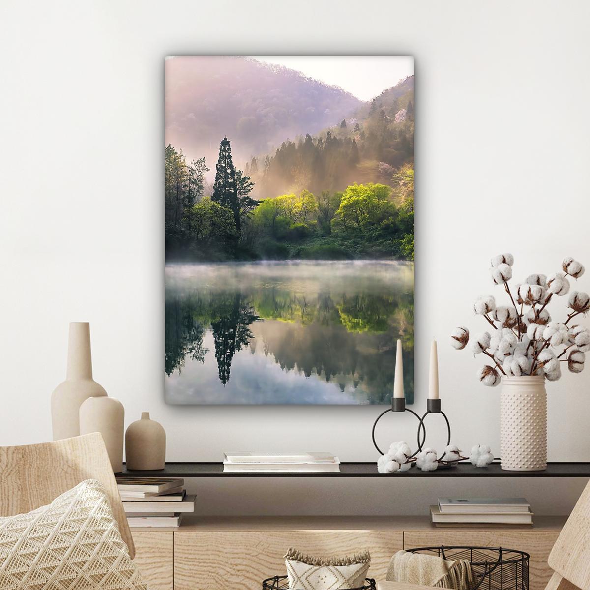 LEINWANDBILD Natur - Bäume - Berge - See - Wasser Wandbild Wohnzimmer 60x80 cm - Hellgrün, Textil (60/80cm) - MuchoWow