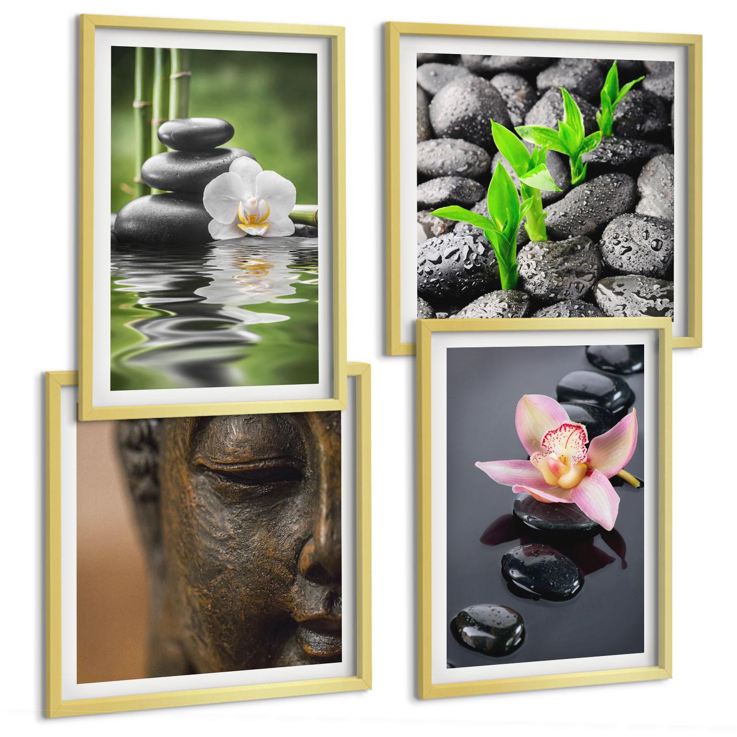 BILDER SET 4er Set - 50x50 cm & 40x60 cm Goldrahmen - Friedliche Zen-Blumen-Buddha-Komposition - Goldfarben, Kunststoff (50/50cm) - TULUP