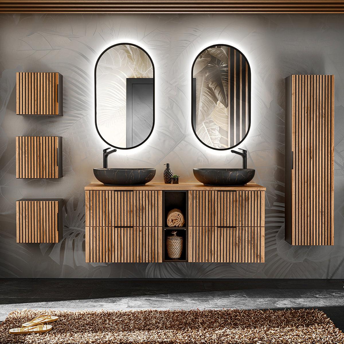 BADMÖBEL 140.6cm Gaia 2er-Set Holz in Eichenoptik und Schwarz - Braun, Holzwerkstoff (140.6/59/46cm) - Petits-meubles