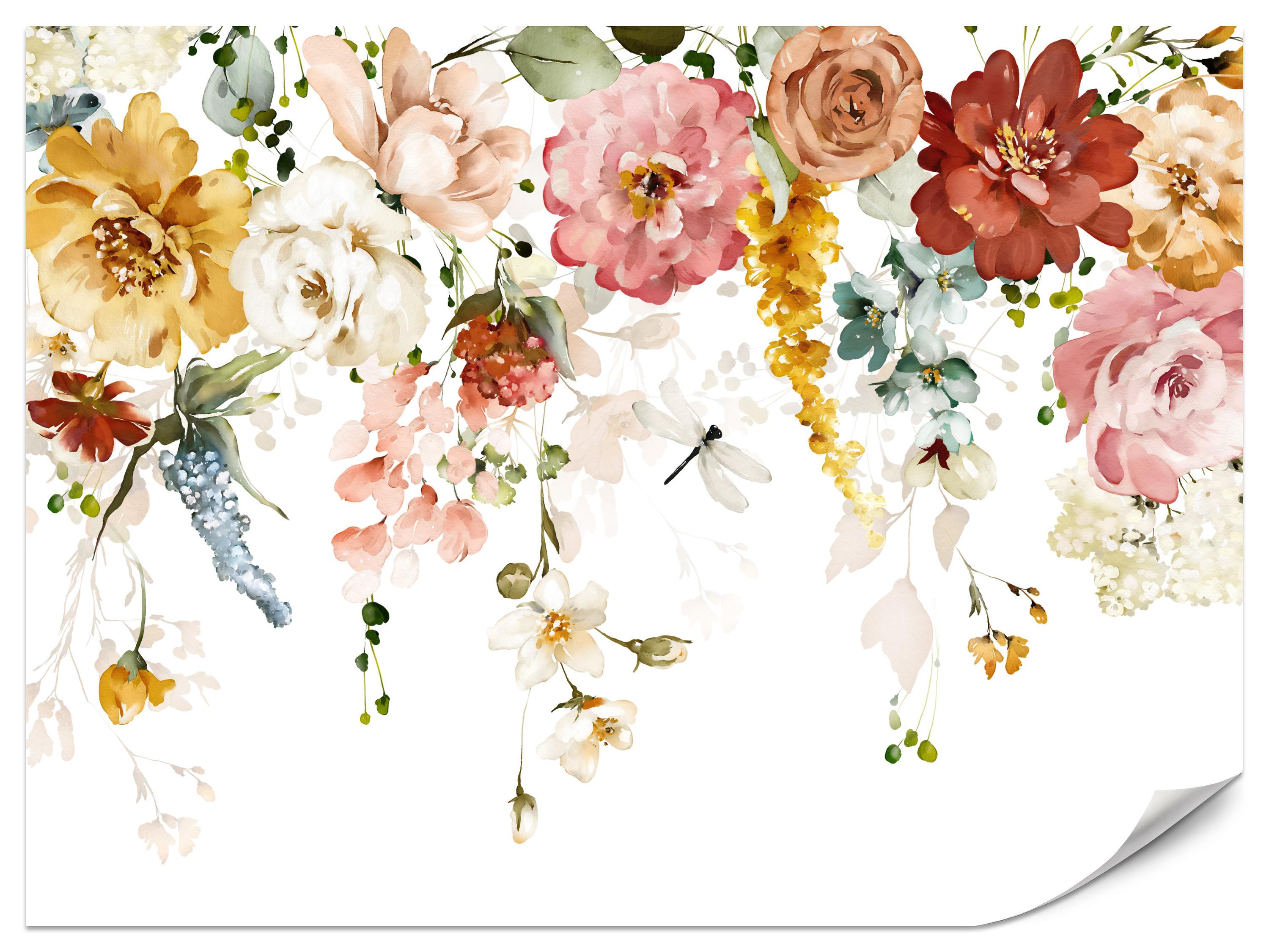 FOTOTAPETE für Schlafzimmer Aquarell Bunte Blumen Ranken Blätter 250x175 - Gelb/Rot, Papier (250/175cm) - Muralo