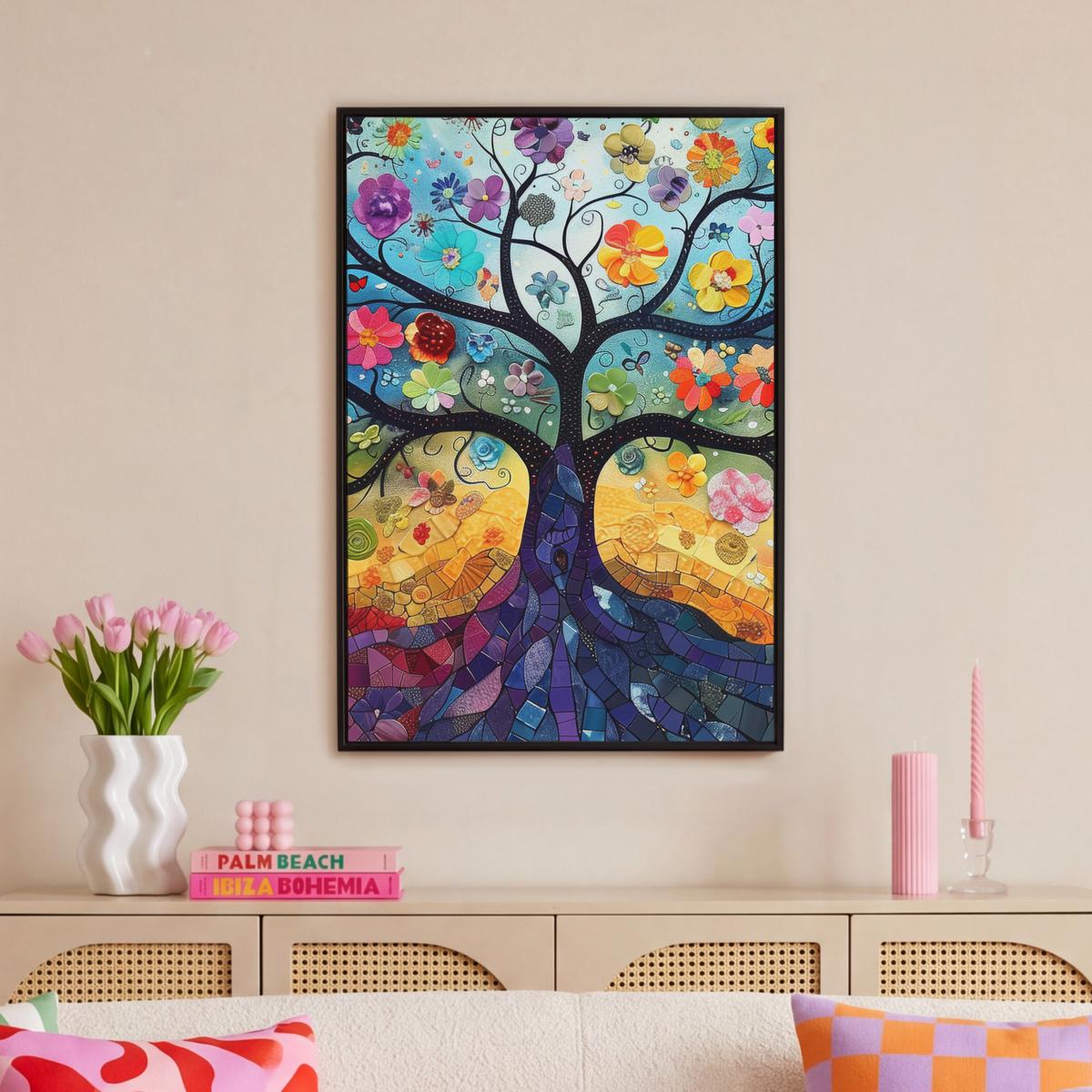 LEINWAND Bilder mit Rahmen - Kunst - Baum des Lebens - Blumen - Hippie - 60x90 - Dunkelblau, Textil (60/90cm) - MuchoWow