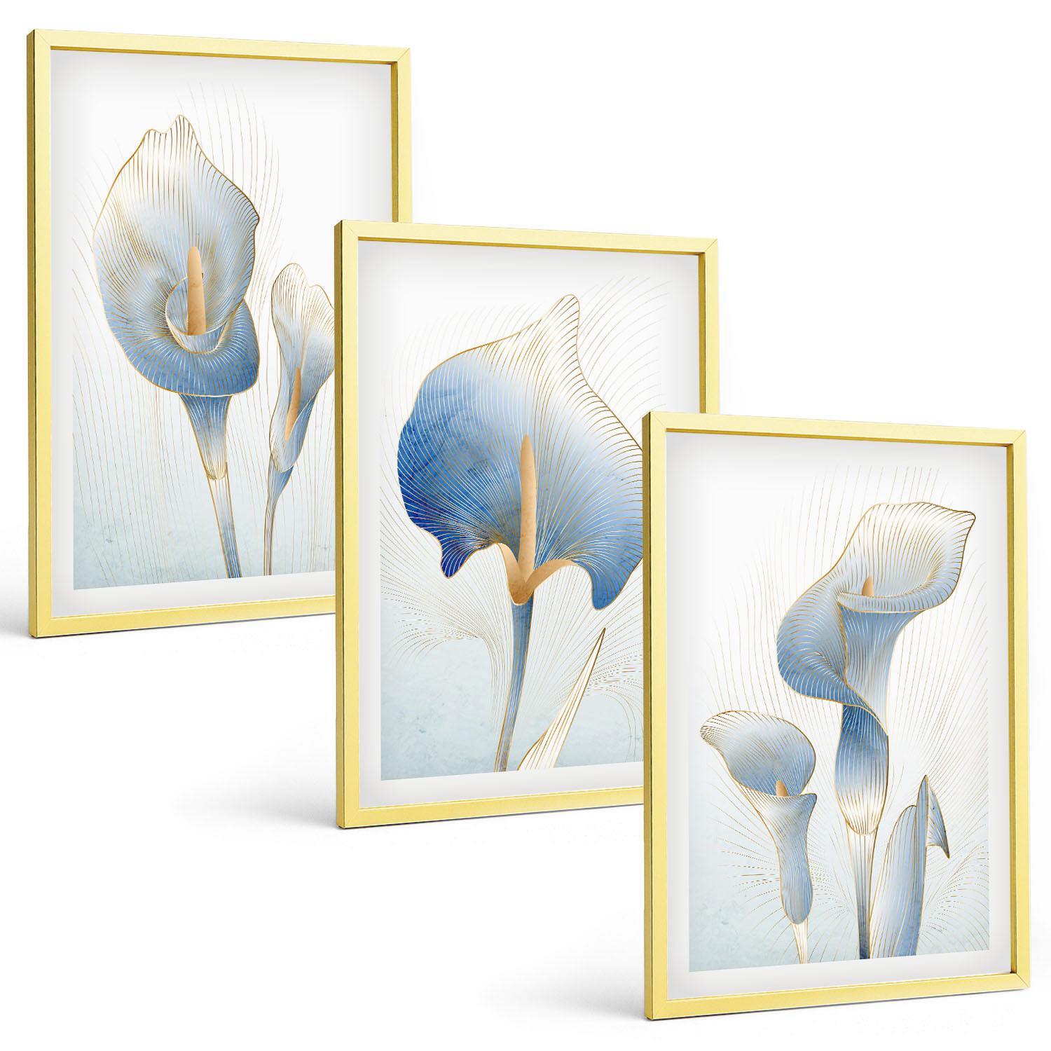 BILDER SET 3er Set - 40x60 cm Goldrahmen - Blaue Blumen im Hintergrund - Goldfarben, Kunststoff (40/60cm) - TULUP