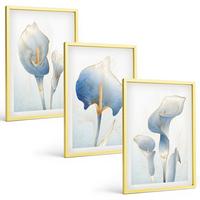 BILDER SET 3er Set - 40x60 cm Goldrahmen - Blaue Blumen im Hintergrund - Goldfarben, Kunststoff (40/60cm) - TULUP