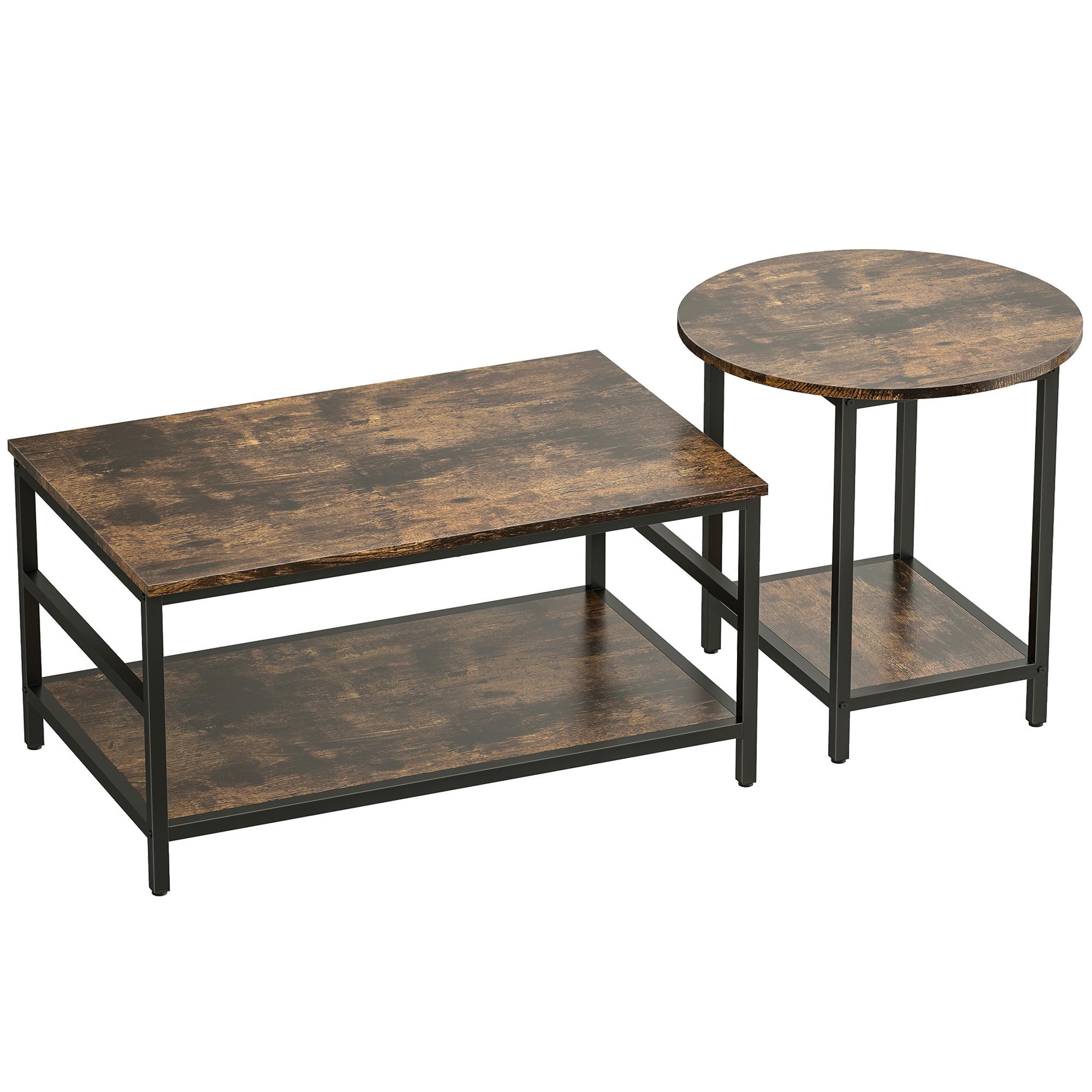 COUCHTISCH 2er Set Stahl Holzwerkstoff Rustikal-Braun - Schwarz/Braun, Holzwerkstoff (80/54/41cm) - HOMCOM