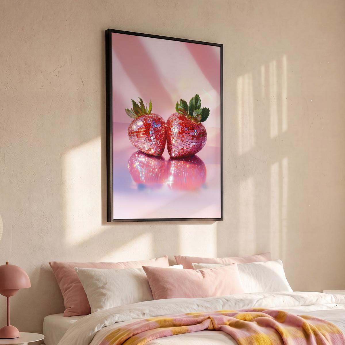 LEINWAND Bilder mit Rahmen - Disco - Obst - Glitzer - Erdbeere - 90x140 - Pink, Textil (90/140cm) - MuchoWow