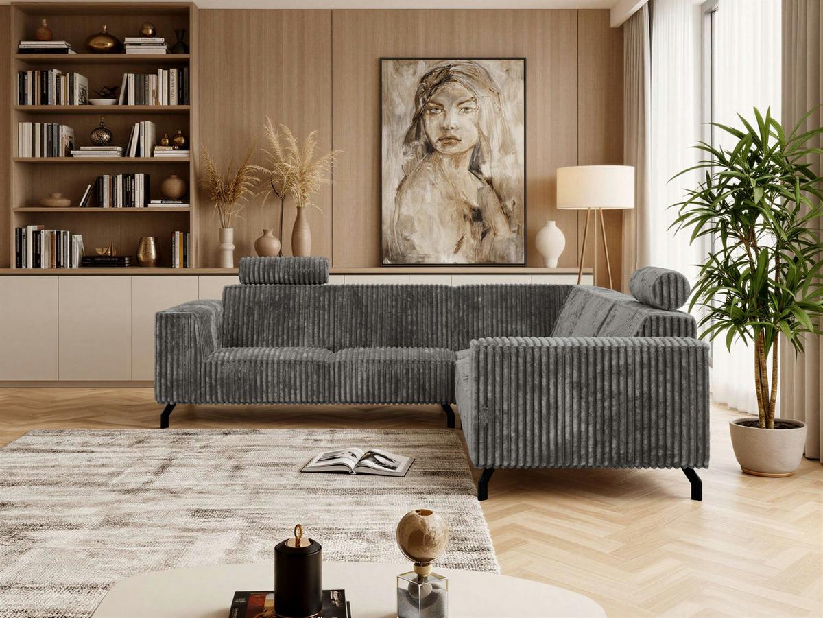 ECKSOFA VESANO L - Grau Cord - Schwarz/Grau, Textil/Metall (260/260cm) - MKS