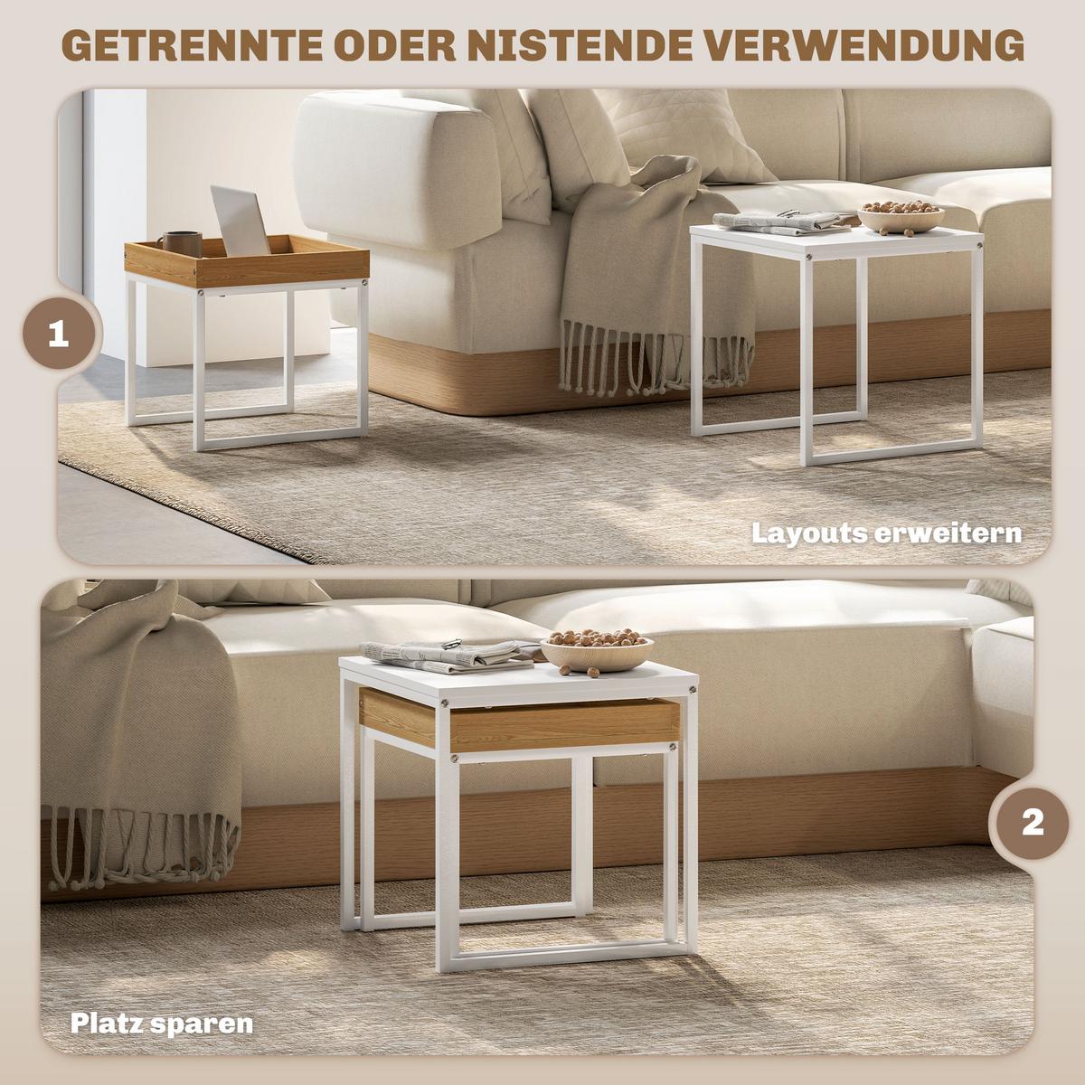 2ER-SET Couchtisch, Eckiger Beistelltisch, Kaffeetisch mit Stahlgestell bis 30kg - Weiß, Metall (45/45/45cm) - HOMCOM