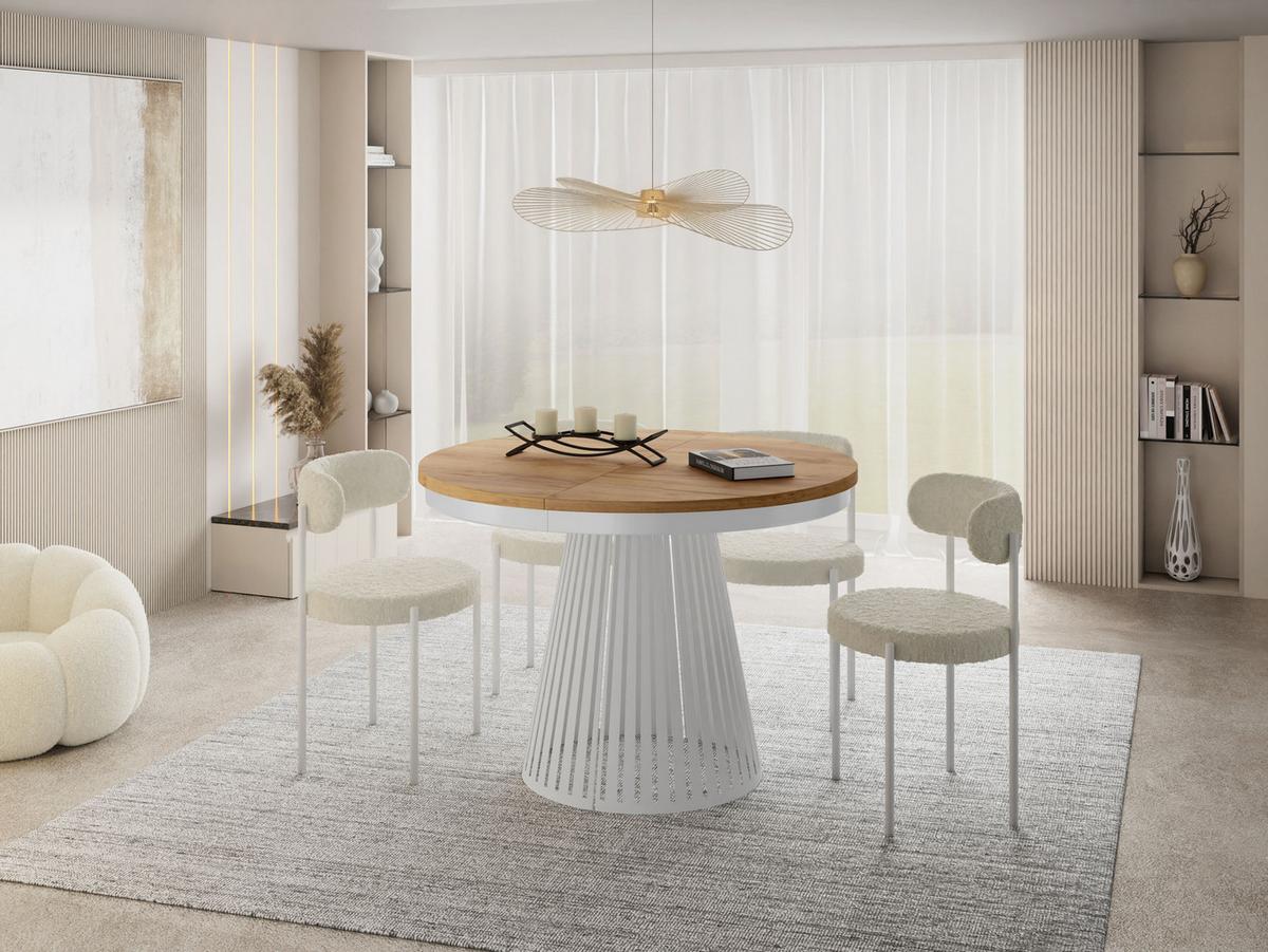 ESSTISCH Naro rund ausziehbar mit Weißem Lamellen-Metallgestell, Braun 120-200/120/76 cm - Eiche Wotan/Weiß, Holzwerkstoff/Metall (120/196/76cm) - WFL GROUP