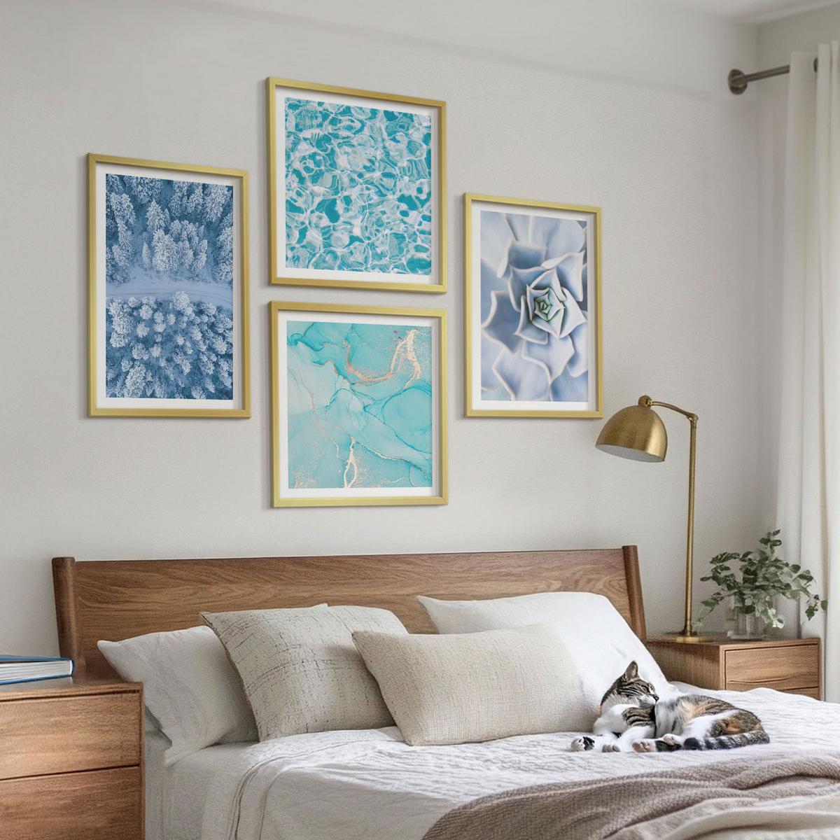 BILDER SET 4er Set - 50x50 cm & 40x60 cm Goldrahmen - Winterwald-Blaublume - Goldfarben, Kunststoff (50/50cm) - TULUP
