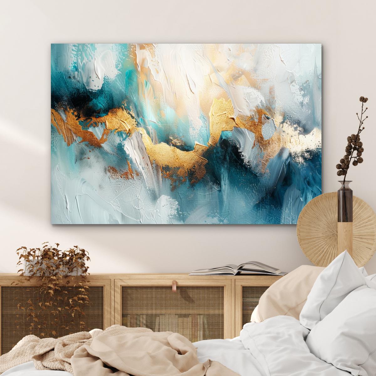 METALLBILD Abstrakt - Kunst - Gold - Blau Deko Groß 120x80 cm - Petrol, Metall (120/80cm) - MuchoWow