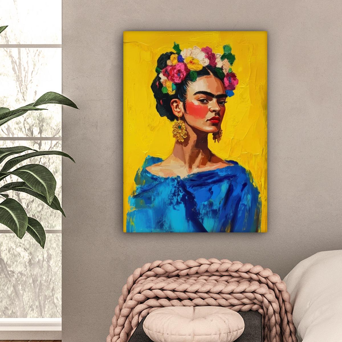LEINWANDBILD Frida Kahlo - Frau - Gelb - Blau - Blumen Wandbild Wohnzimmer 60x80 cm - Gelb, Textil (60/80cm) - MuchoWow