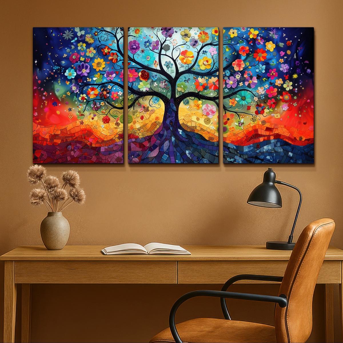 LEINWANDBILD 3er Set Bunt - Baum des Lebens - Blumen - Abstrakt 120x60 cm - Blau, Textil (120/60cm) - MuchoWow