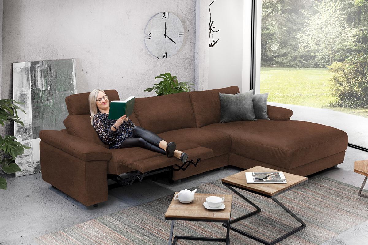 ECKSOFA XL MOTORISCHER RELAXFUNKTION LOLA Braun Leder Relaxfunktion - Schwarz/Braun, Leder (304/178cm) - KAWOLA