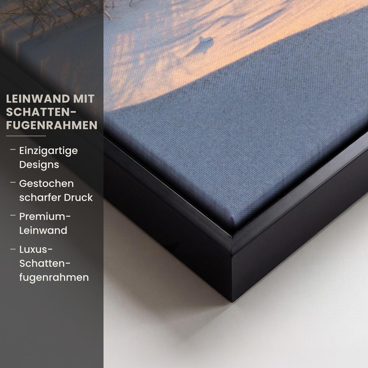 LEINWAND Bilder mit Rahmen - Strand - Sonne - Düne - Gras - Sand - Horizont - 60x80 - Hellblau, Textil (60/80cm) - MuchoWow