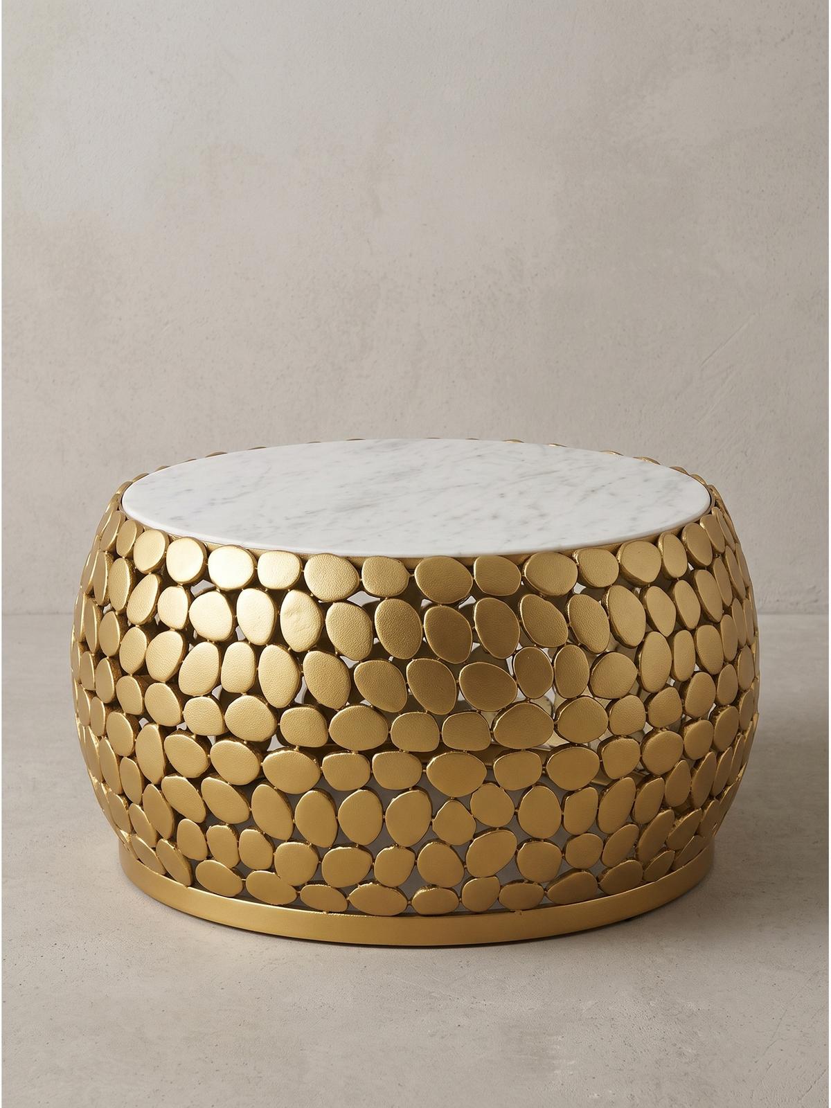 COUCHTISCH DIEMEL, Marmor, handgefertigt, Gold-Weiß, Ø 66 x 32 cm - Goldfarben, Stein/Metall (66/66/32cm) - KADIMA DESIGN
