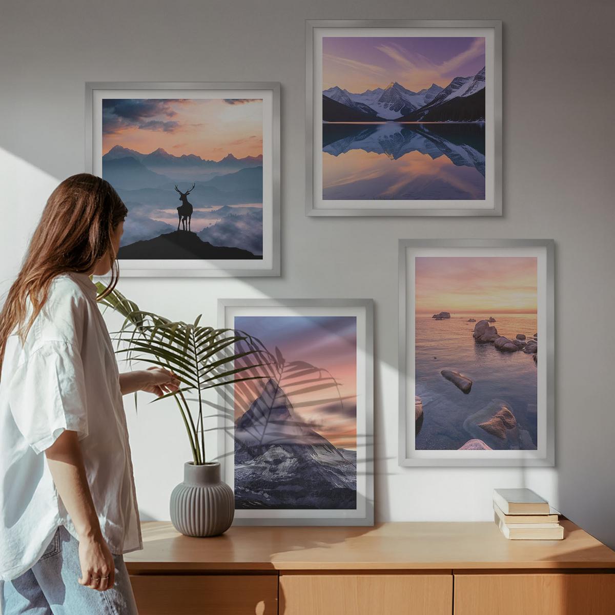 BILDER SET 4er Set - 50x50 cm & 40x60 cm Silberner Rahmen - Landschaften Berge Seen jelen - Silberfarben, Kunststoff (50/50cm) - TULUP