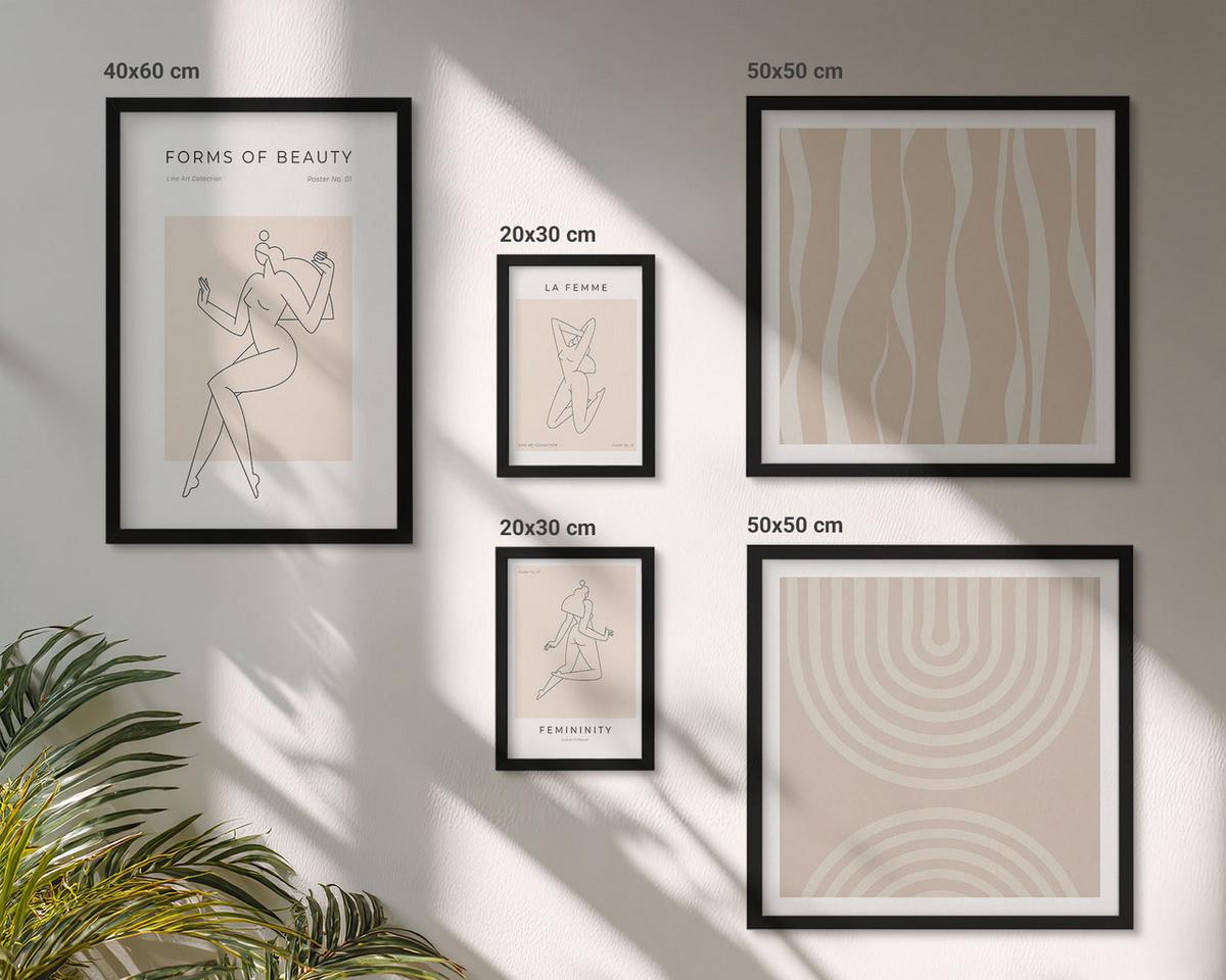 BILDER SET 5er Set - 50x50 cm & 20x30 cm & 40x60 cm Schwarzer Rahmen - Eine Sammlung minimalistischer Formen - Schwarz, Kunststoff (40/60cm) - TULUP