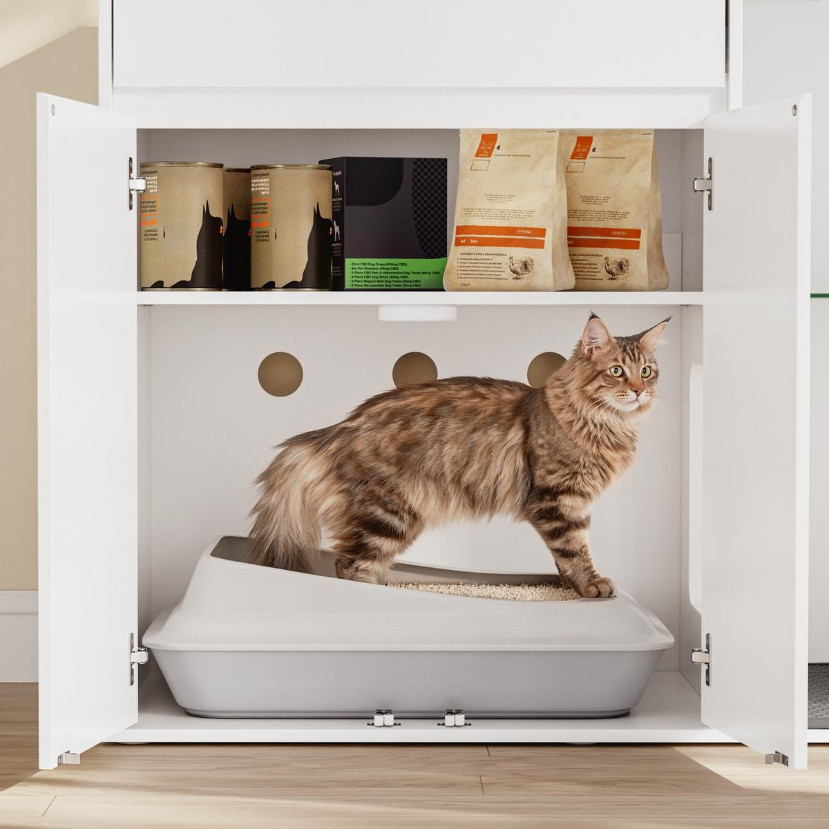 KATZENHAUS mit Katzenklo Verkleidung und Schublade HAT08-E-W - Ahornfarben/Schwarz, Fell/Metall (45/75/85cm) - SoBuy