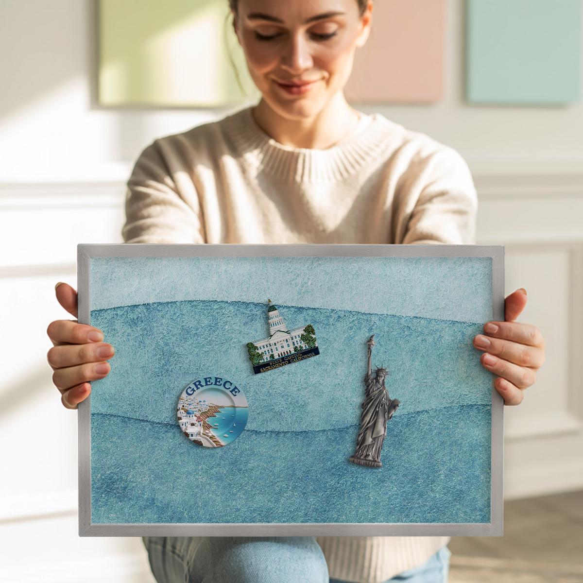 MAGNETTAFEL 80x60 cm Silberner Rahmen Aquarell Blaue Wellen - Pastellgrün, Metall (80/60/0.4cm) - TULUP