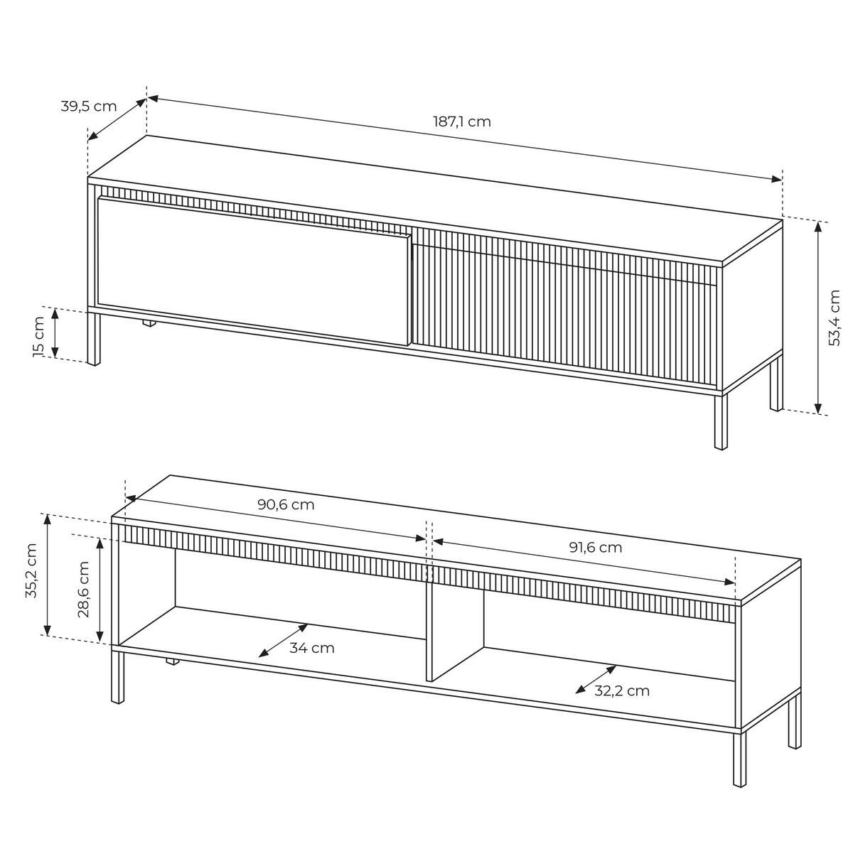 LOWBOARD Trentinis 2T Schwarz 187,1/53,4/39,5 cm – Geriffelten Fronten - Schwarz, Holzwerkstoff/Metall (187.1/53.4/39.5cm) - AX Living