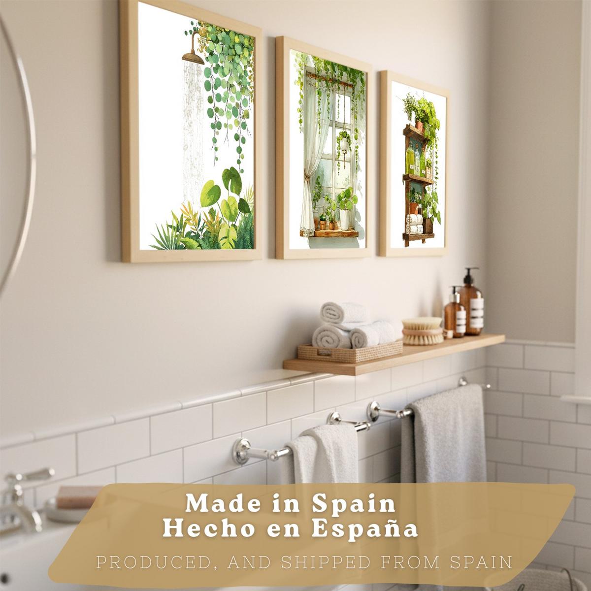 POSTER 3er-Set dekorative Badezimmerbilder im mit grünen Pflanzen, Dusche und Ablage, minimalistisches, Wohndekoration Leichter Holzrahmen A4 - Beige, Papier (29.7/21/3cm) - Nacnic