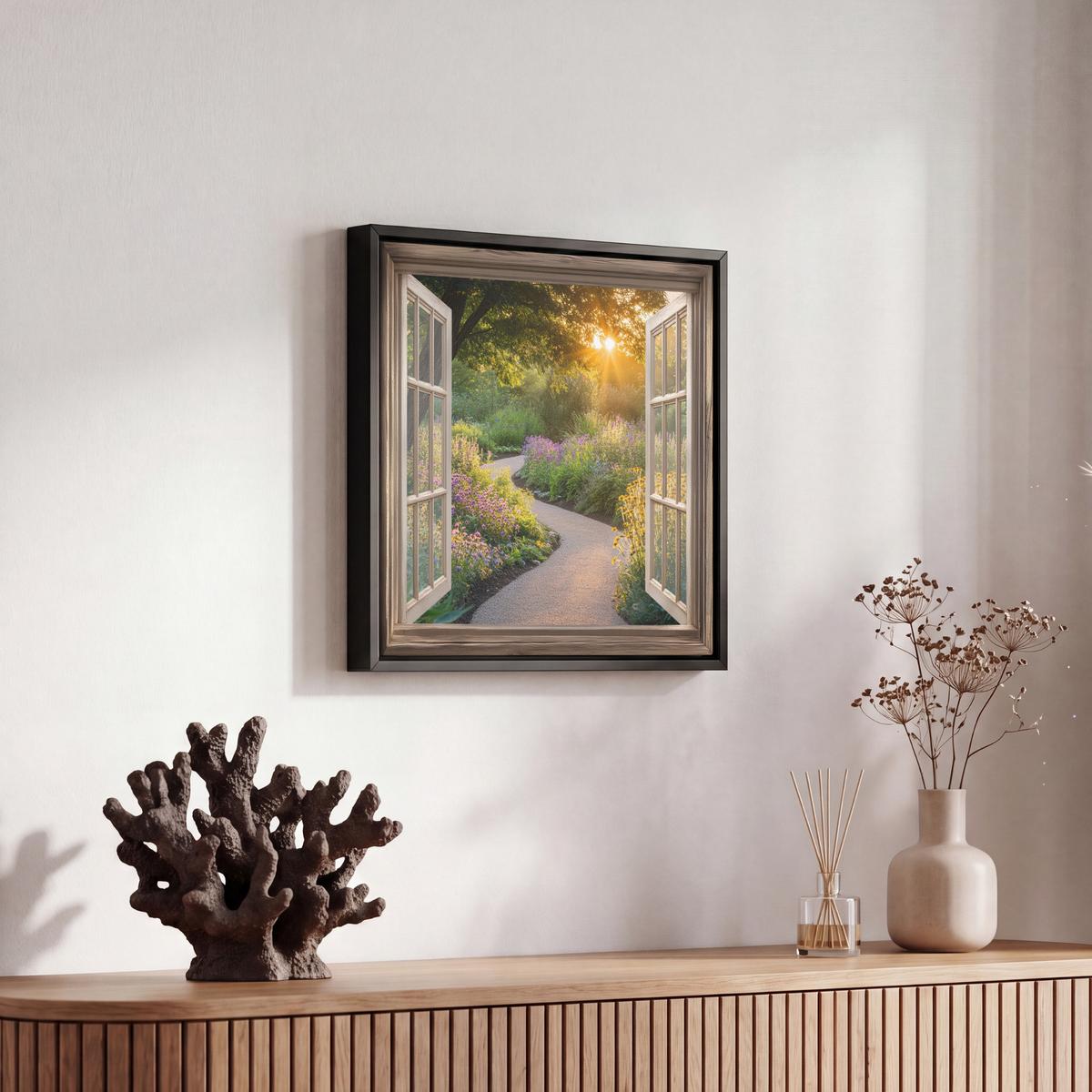 LEINWAND Bilder mit Rahmen - Aussicht - Blumen - Natur - Sonne - Weg - 20x20 - Hellgelb, Textil (20/20cm) - MuchoWow