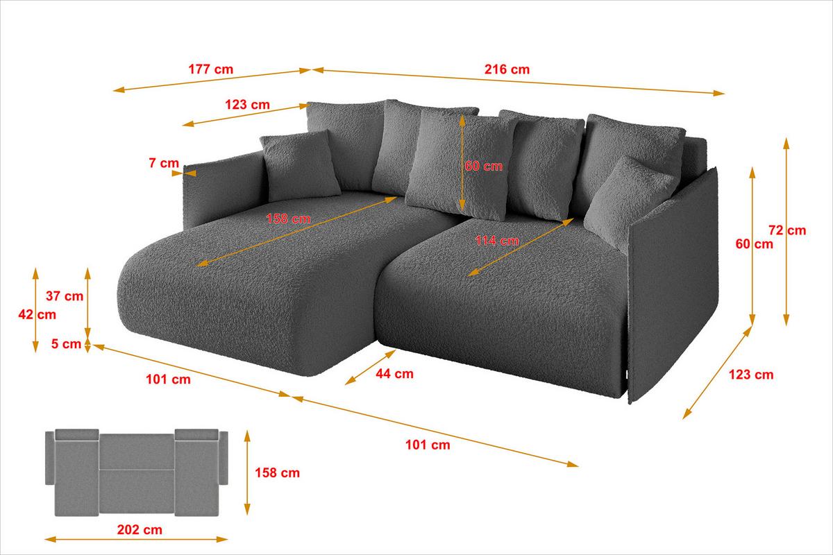 ECKSOFA Ottomane links ONESK-L 216x177x72 Grau Bouclé - Platinfarben/Grau, Holzwerkstoff/Kunststoff (216/177cm) - ALTDECOR