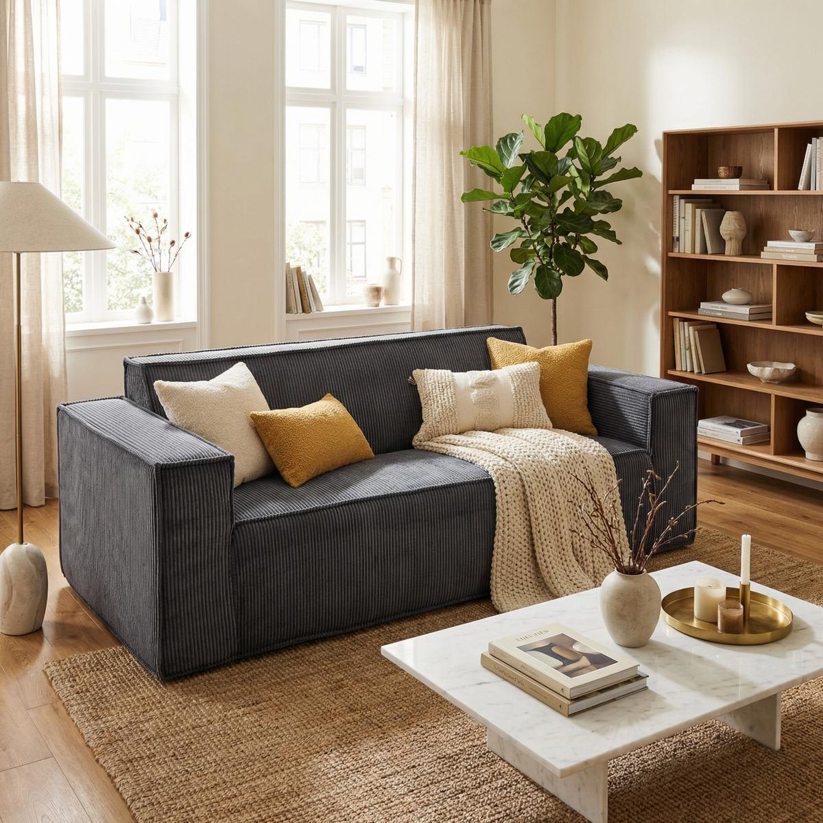 2-SITZER-SOFA Cord Grau mit Federkern, Montagefrei - Grau, Textil (178/70/86cm) - Urban Meuble