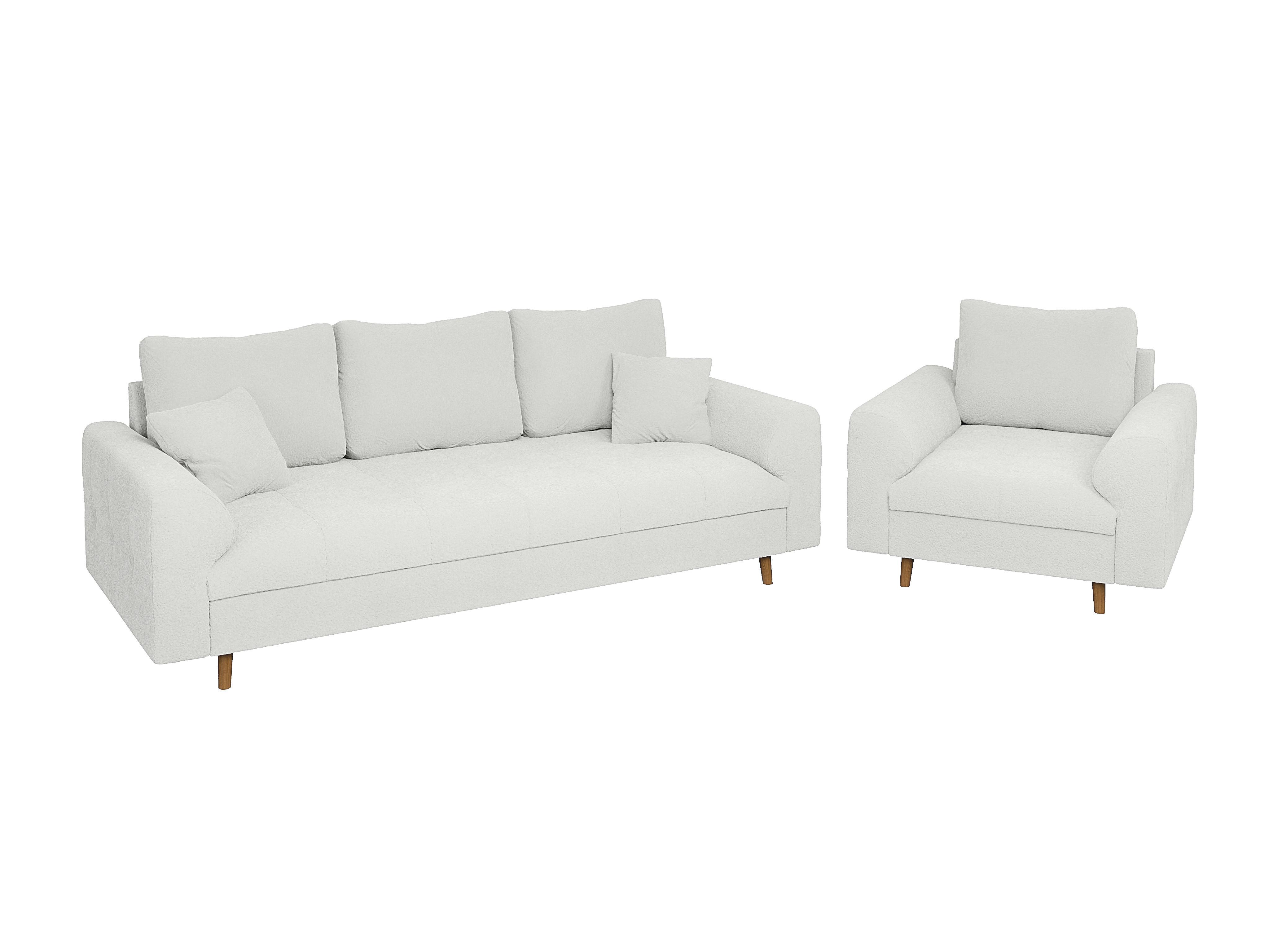 SITZGARNITUR 3+1 Henrik Weiß Boucle - Weiß/Braun, Holz/Textil (210/81/93cm) - S-Style