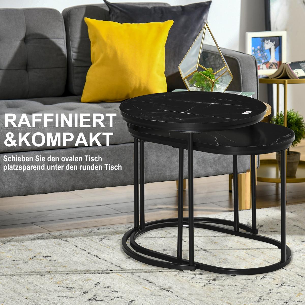 2ER Set Couchtisch Satztisch Rund mit Faux Marmor Seite bis 30 kg Stahl Schwarz - Schwarz, Metall (50/50/50.5cm) - HOMCOM