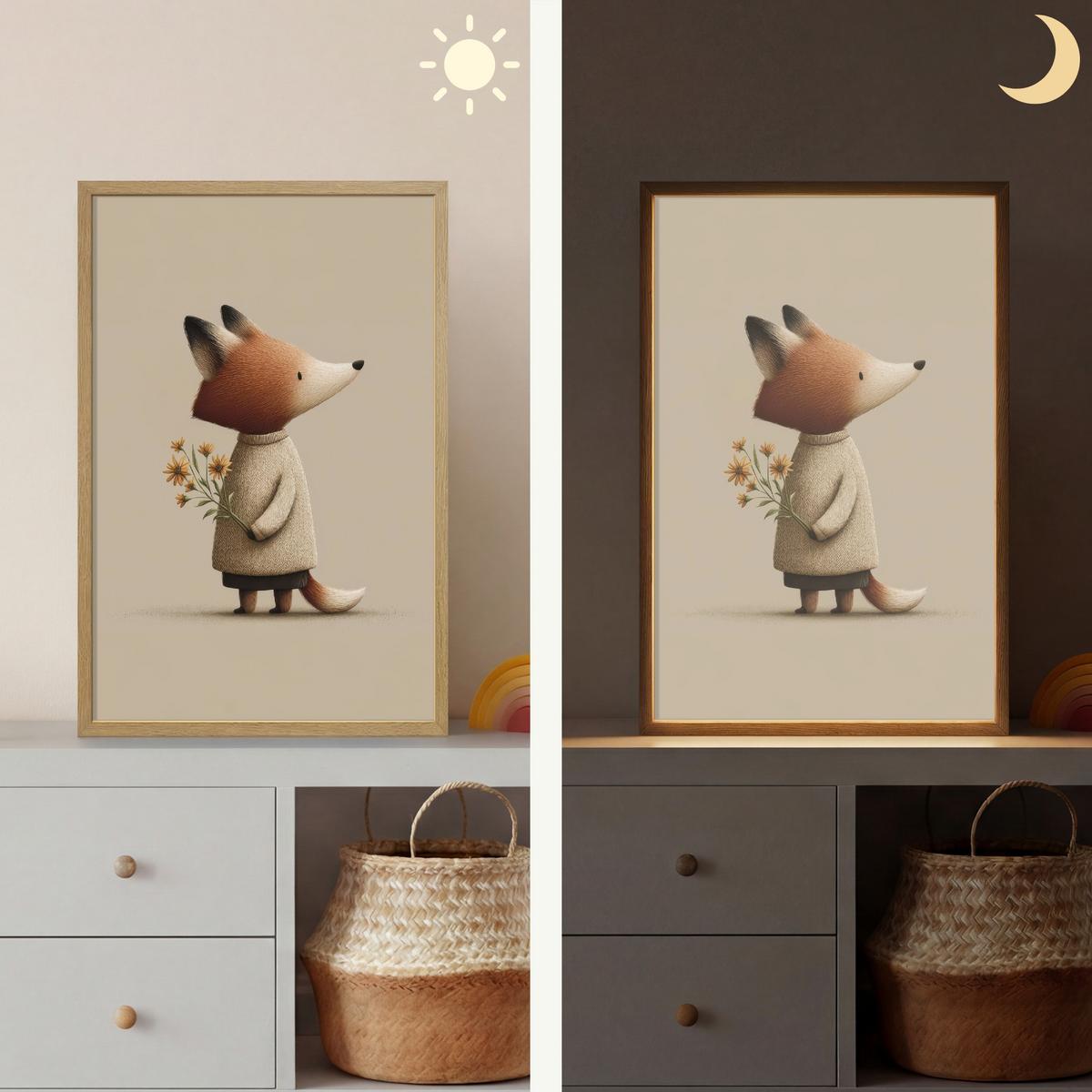 WANDLEUCHTE MIT AKKU Fuchs - Gelbe Blumen - Minimalistisch 40x60 cm - Taupe, Holzwerkstoff (40/60/8cm) - OnlyWow