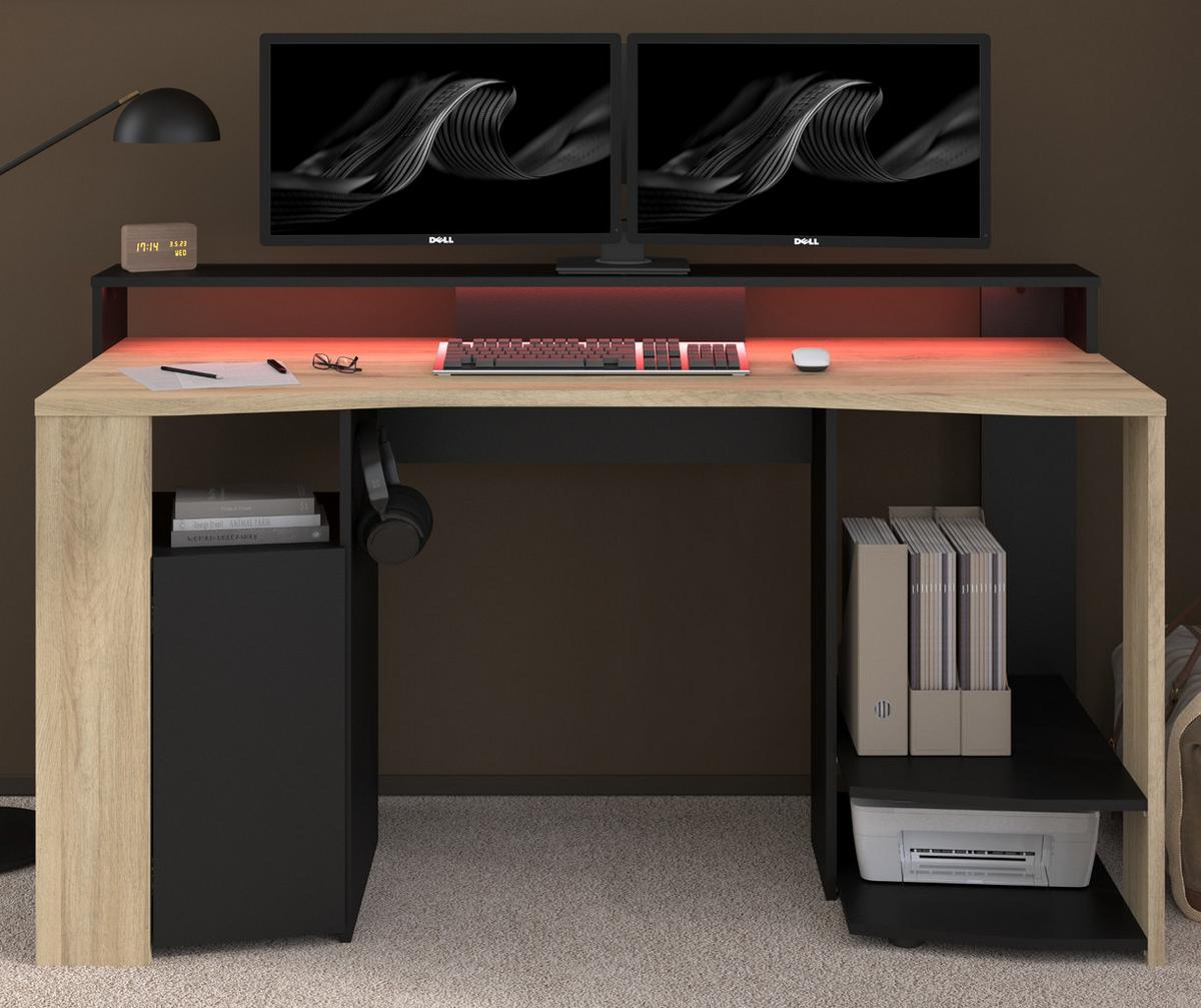 GAMINGTISCH Eiche, schwarz 152 cm, Gamer Schreibtisch inklusive LED mit Farbwechsel - Eichefarben/Schwarz, Holzwerkstoff/Metall (62/152/88cm) - Parisot Meuble