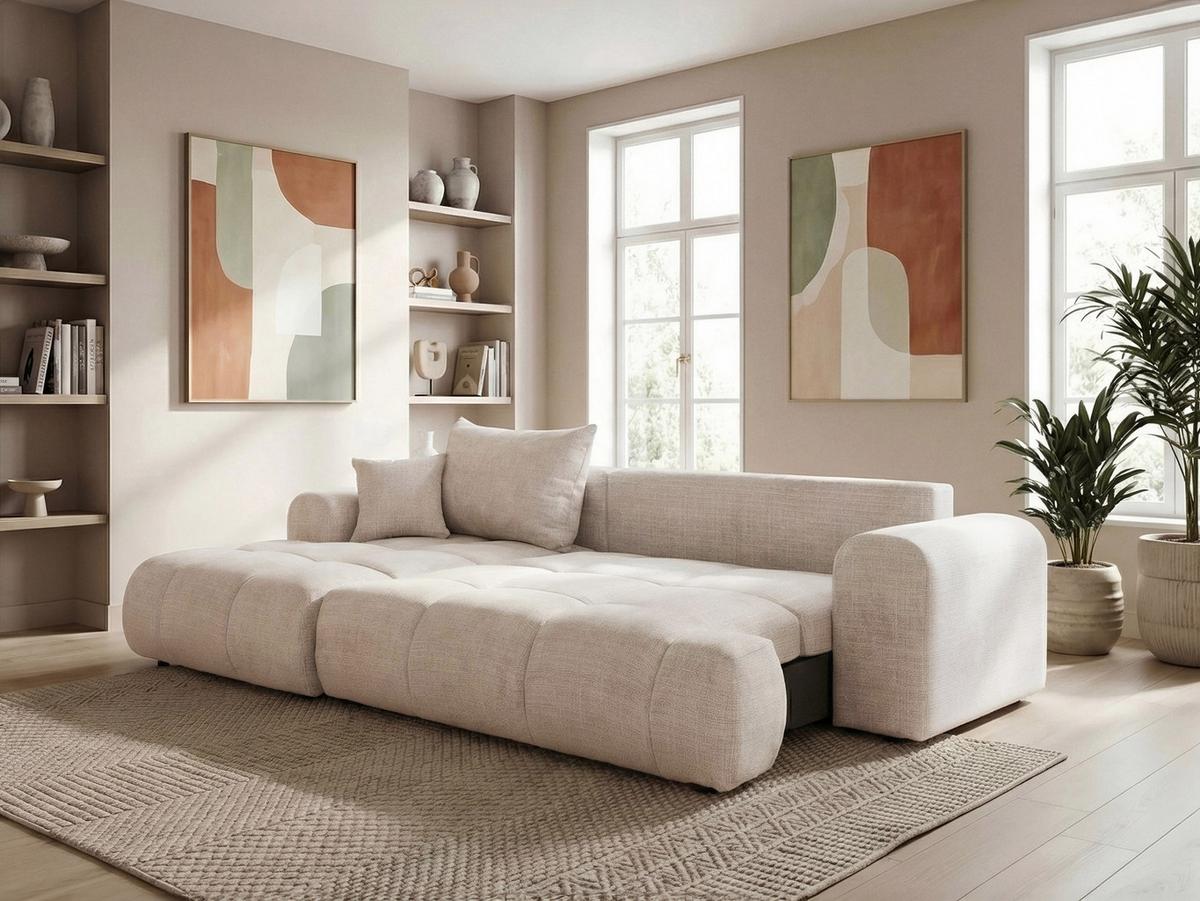 ECKSOFA MILANO Links mit Schlaffunktion und Bettkasten Creme - Creme, Kunststoff/Textil (265/145cm) - Idohome
