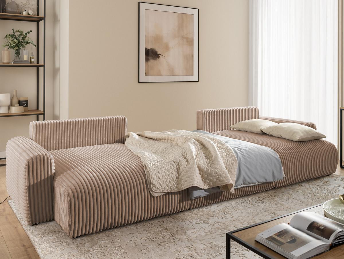 WOHNLANDSCHAFT Calma mit Schlaffunktion und Bettkasten im Bumpy-Design aus weichem Beige Plüschcord - Beige/Schwarz, Holz/Textil (336/88/140cm) - S-Style