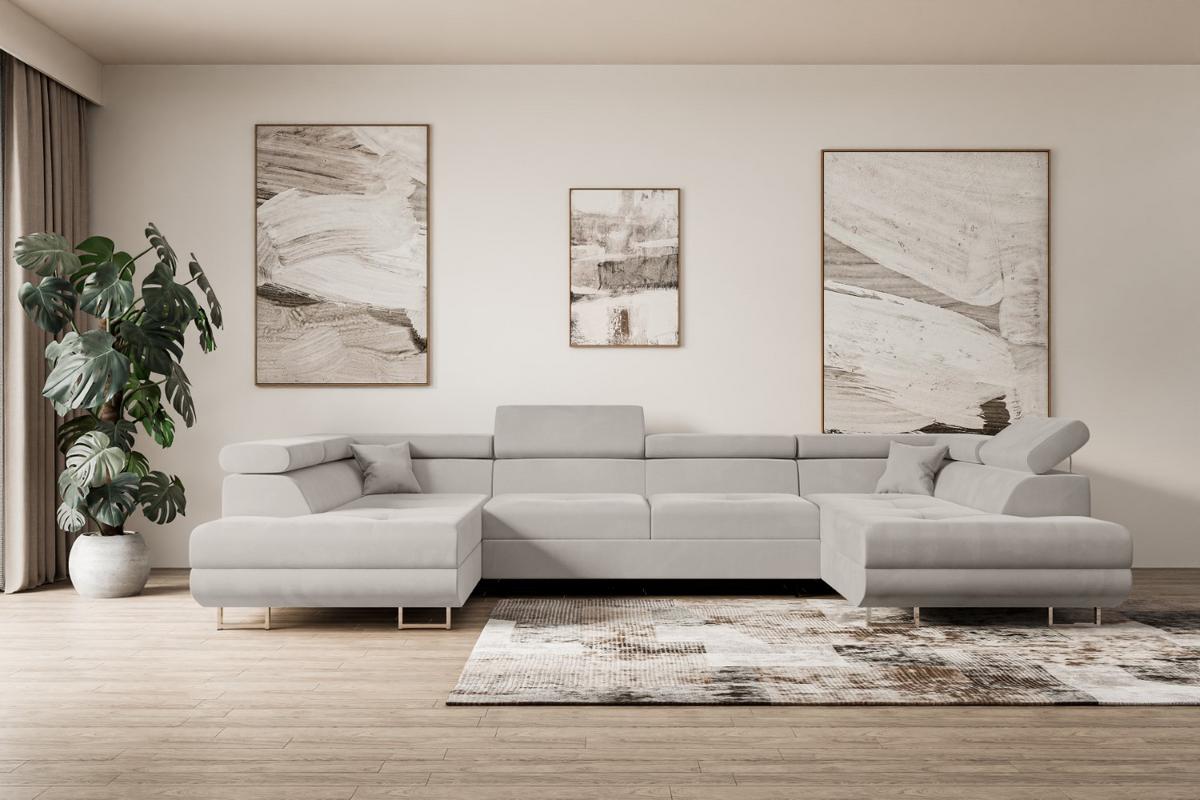 WOHNLANDSCHAFT mit Schlaffunktion und Bettkasten GUSA-U 342x202x107 cm Hellbraun Velours - Hellbraun/Silberfarben, Holzwerkstoff/Textil (342/107/202cm) - ALTDECOR