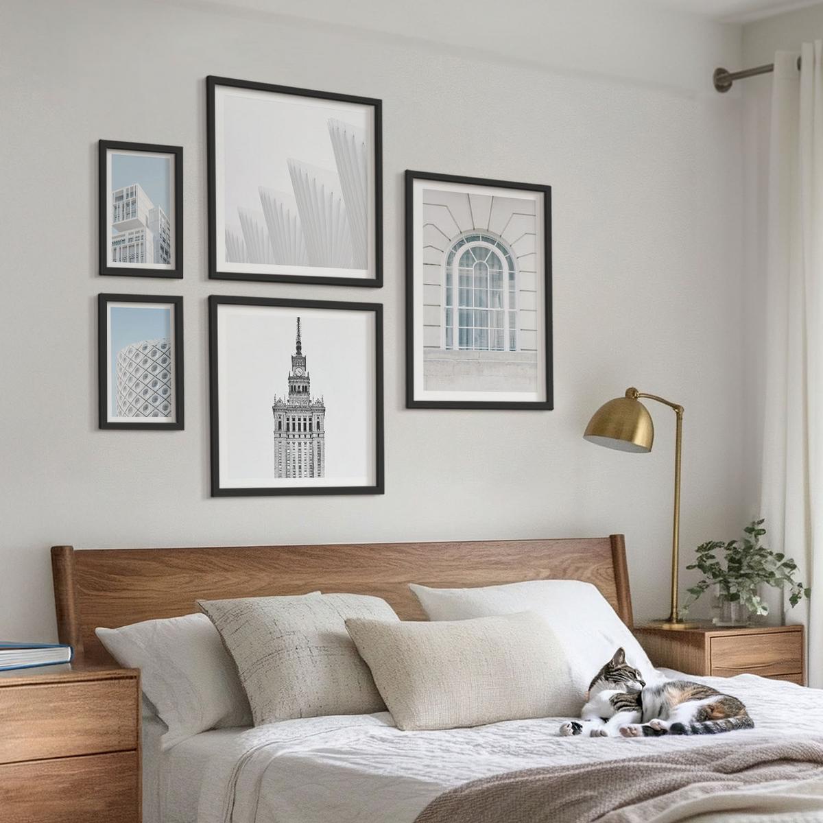 BILDER SET 5er Set - 50x50 cm & 20x30 cm & 40x60 cm Schwarzer Rahmen - Moderne Architekturgeometrie - Schwarz, Kunststoff (40/60cm) - TULUP