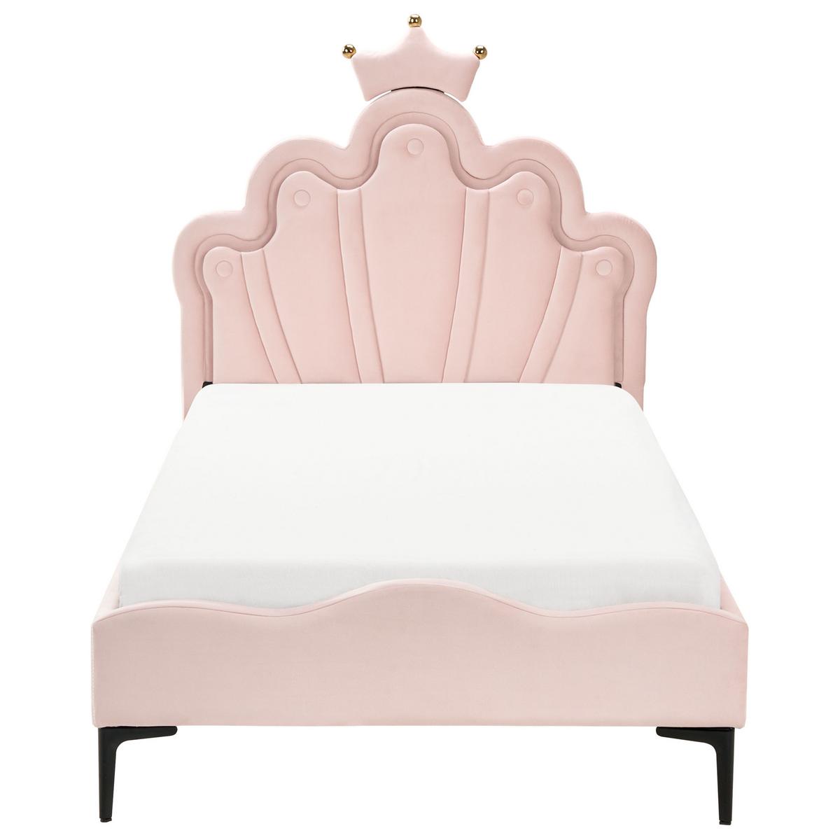KINDERBETT Krone Samtstoff 90/200 cm mit LED-Beleuchtung Rosa Rubian - Pink, Textil (90/200cm) - Beliani