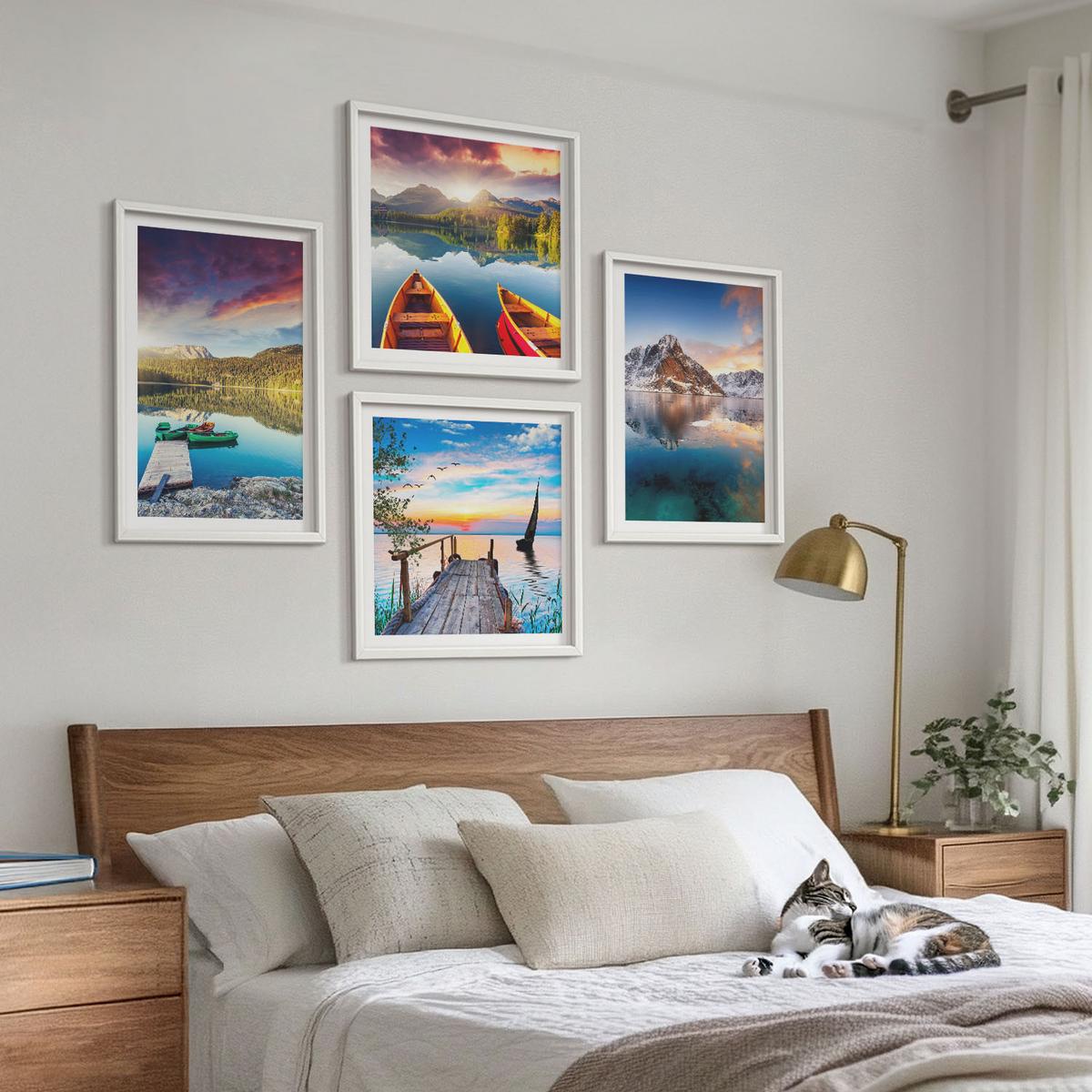 BILDER SET 4er Set - 50x50 cm & 40x60 cm Weißer Rahmen - Seen- und Berglandschaft Łódź - Weiß, Kunststoff (50/50cm) - TULUP