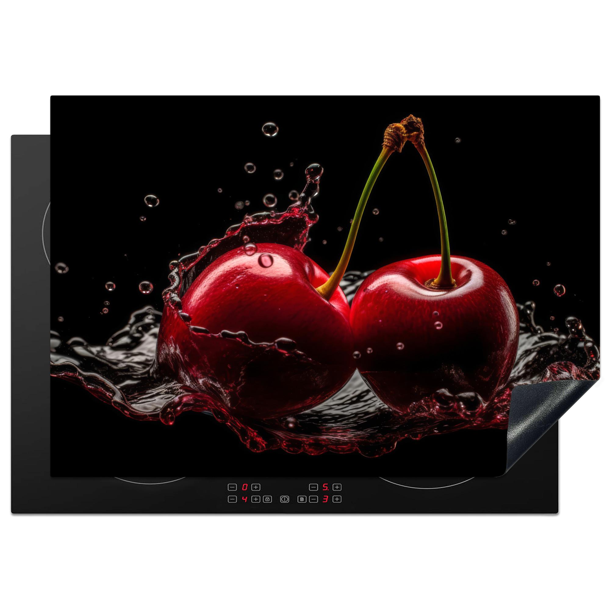 HERDABDECKPLATTE Kirsche - Rot - Frucht - Wasser - Schwarz Herdabdeckung Induktionsfeld 75x52 cm - Kirschrot, Kunststoff (75/52/0.2cm) - MuchoWow