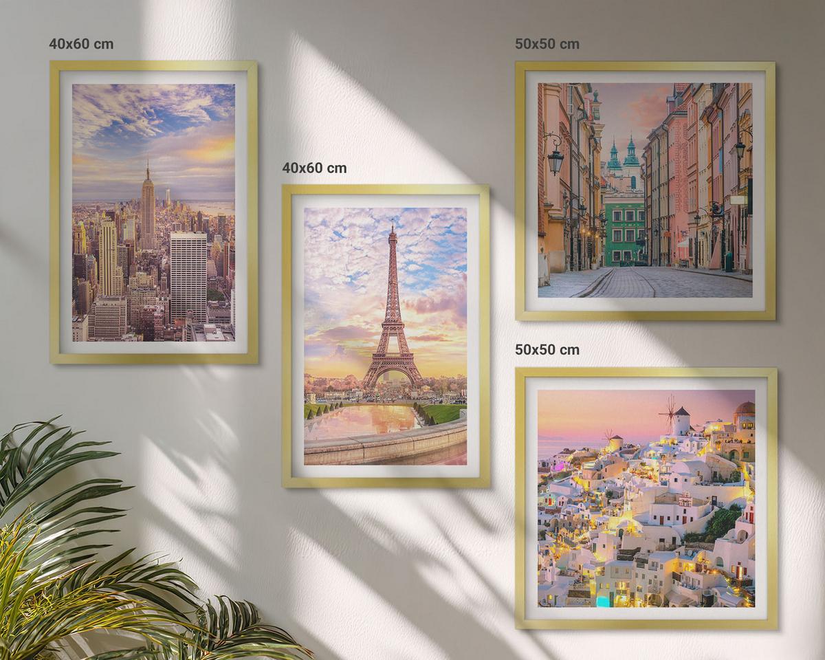 BILDER SET 4er Set - 50x50 cm & 40x60 cm Goldrahmen - New York Paris Oia Warschau Dämmerung - Goldfarben, Kunststoff (50/50cm) - TULUP