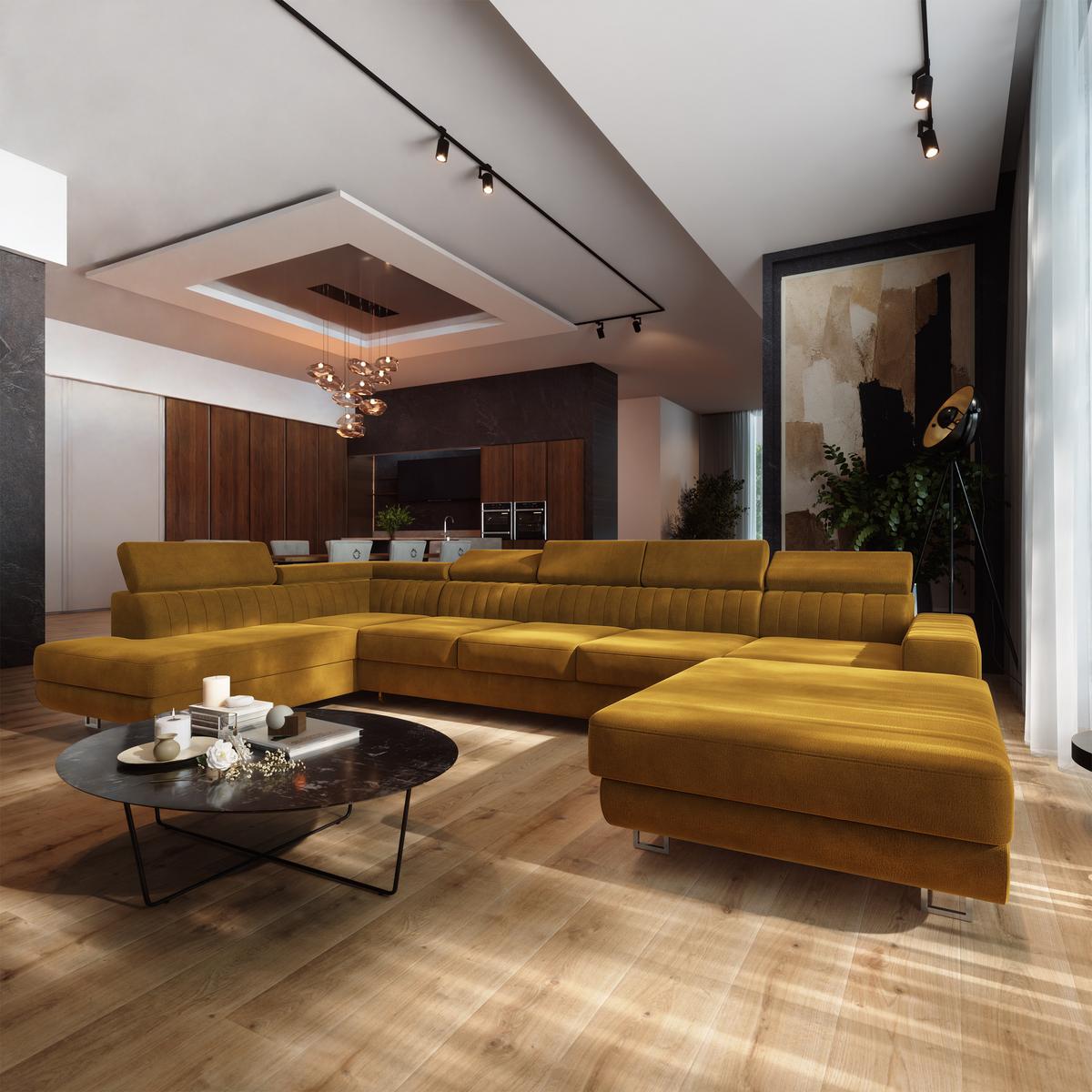 WOHNLANDSCHAFT GAIAN Gelb Velours-Stoff mit Schlaffunktion - Gelb, Holz (412/88/190cm) - MASSENO