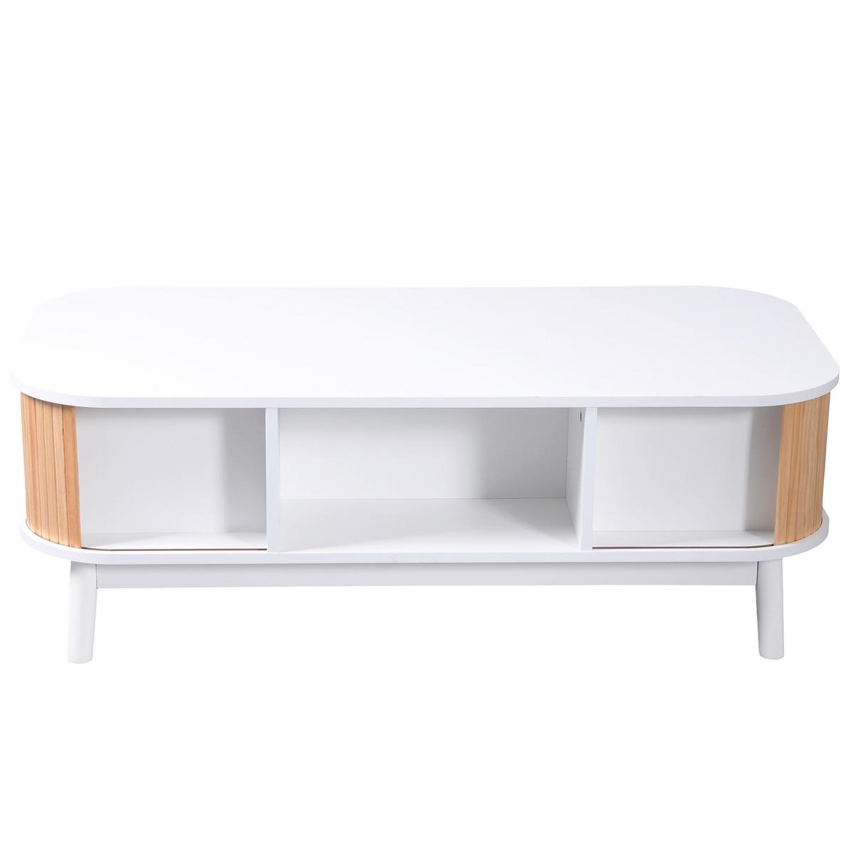 COUCHTISCH weiß & holz-optik mit rattan-schublade & massivholz-schiebetüren - Weiß, Holzwerkstoff (55/110/38.5cm) - Urban Meuble