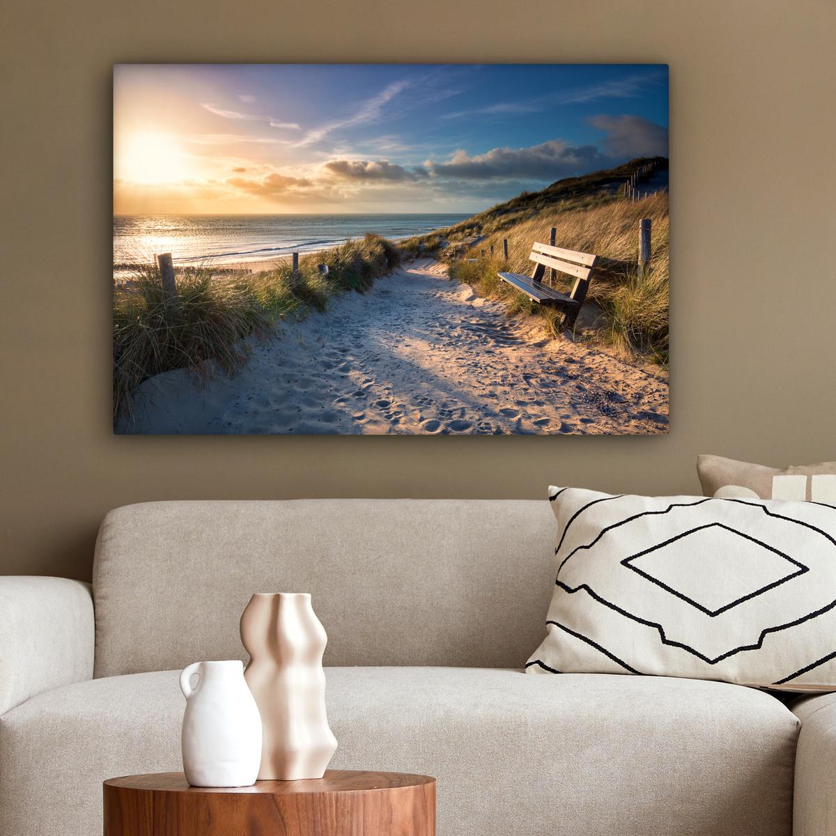 LEINWANDBILD Sonnenuntergang - Strand - Düne - Gras - Ufer Gemälde 60x40 cm - Sandfarben, Textil (60/40cm) - MuchoWow