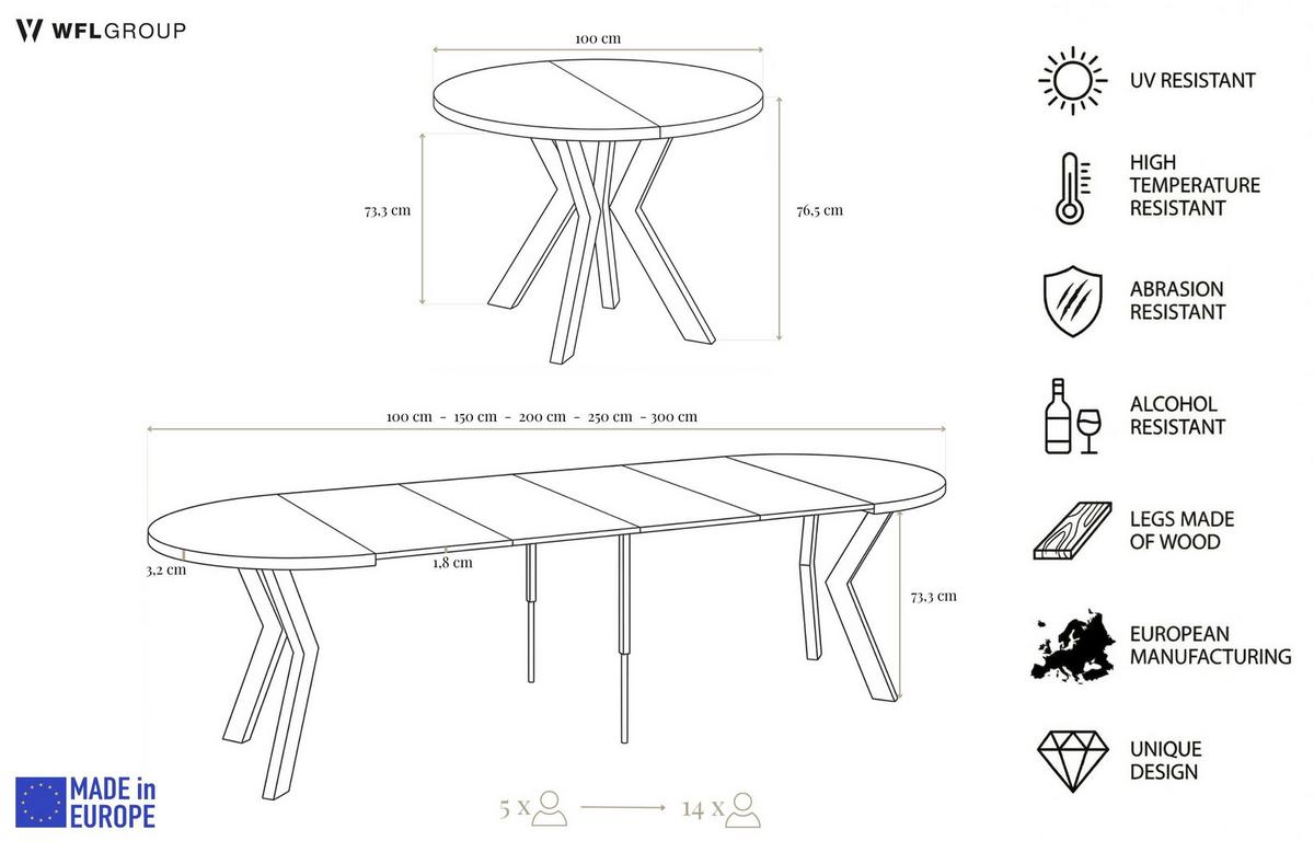 ESSTISCH Savio Weiß rund ausziehbar verlängerbar XXL, Kaschmir 100-300/100/77 cm - Kaschmir/Beige, Holz/Holzwerkstoff (100/300/77cm) - WFL GROUP