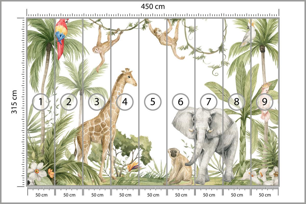 FOTOTAPETE für Kinderzimmer Dschungel Tiere Giraffe Elefant Palmen 450x315 - Beige/Rot, Papier (450/315cm) - Muralo