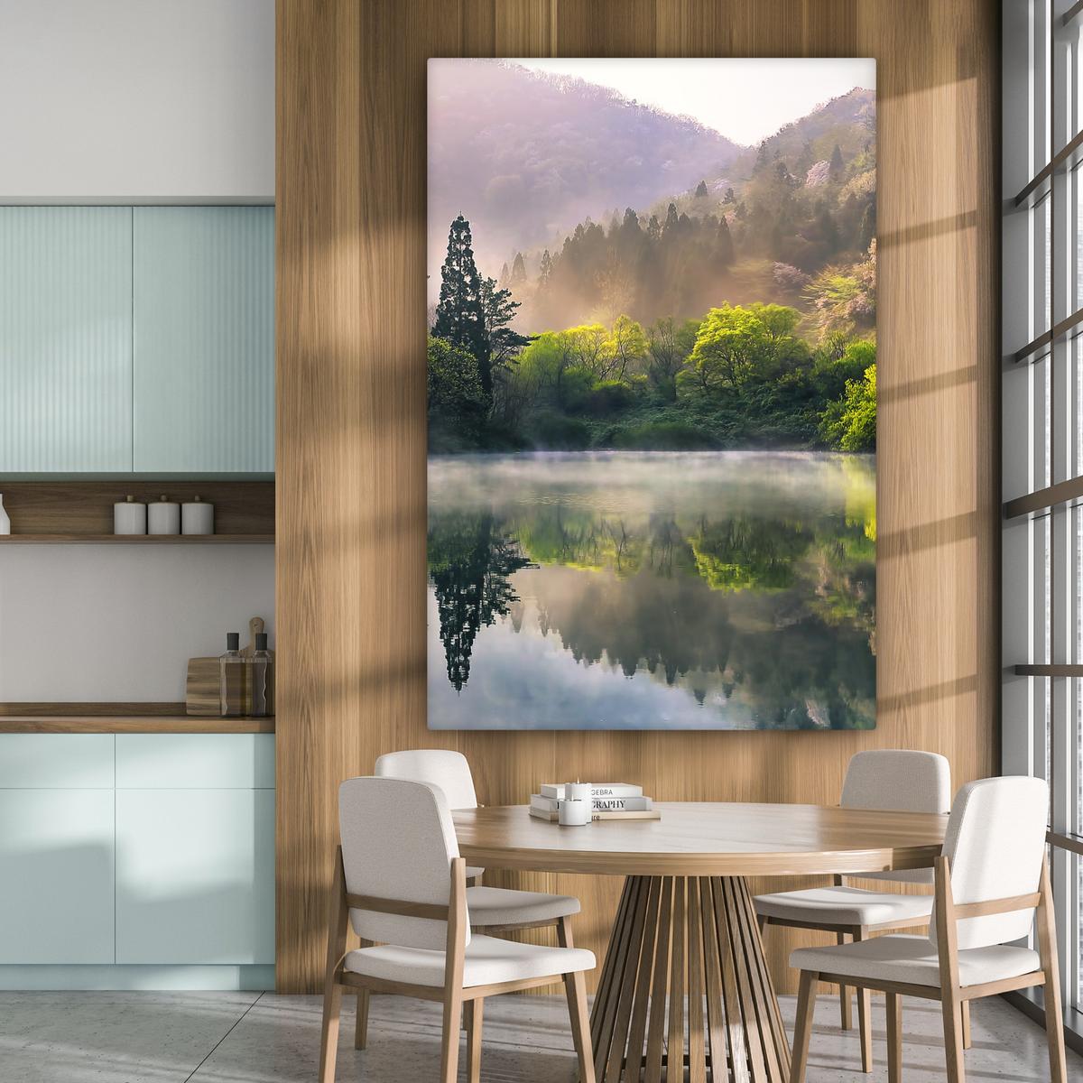 LEINWANDBILD Natur - Bäume - Berge - See - Wasser Deko Groß 90x140 cm - Hellgrün, Textil (90/140cm) - MuchoWow