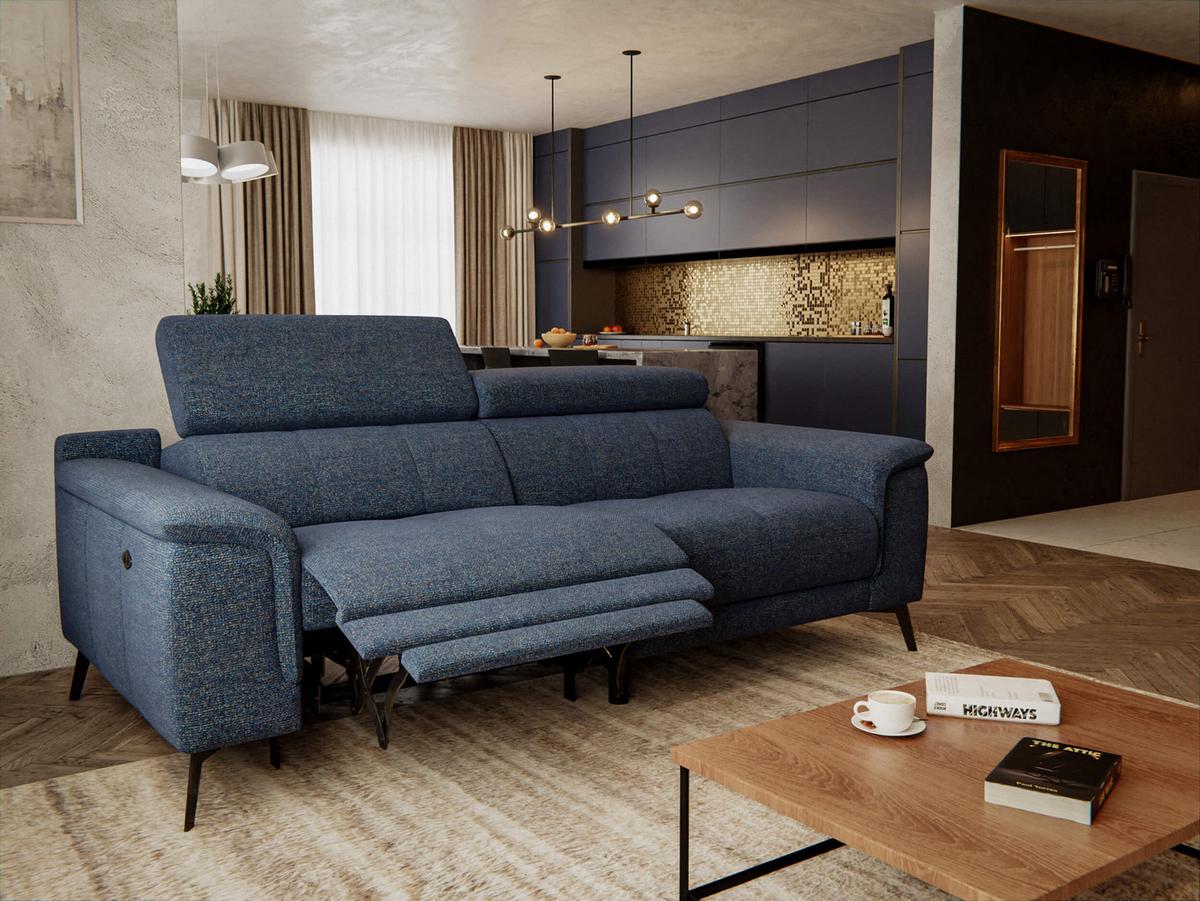 RELAXSOFA FIERO 3-Sitzer mit 1 Relaxfunktion, dunkelblau - Schwarz/Dunkelblau, Holzwerkstoff/Textil (212/82/103cm) - Wozimo